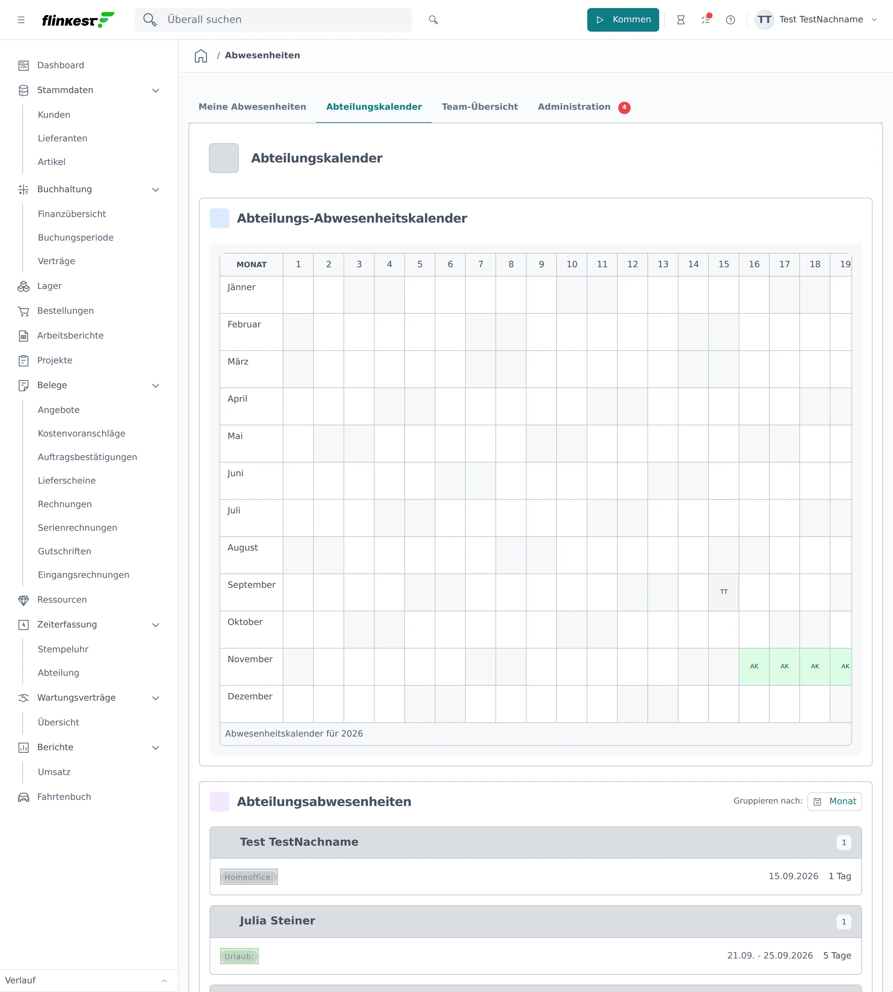 Der Abteilungskalender mit Jahresmatrix und der Liste der Abteilungsabwesenheiten darunter
