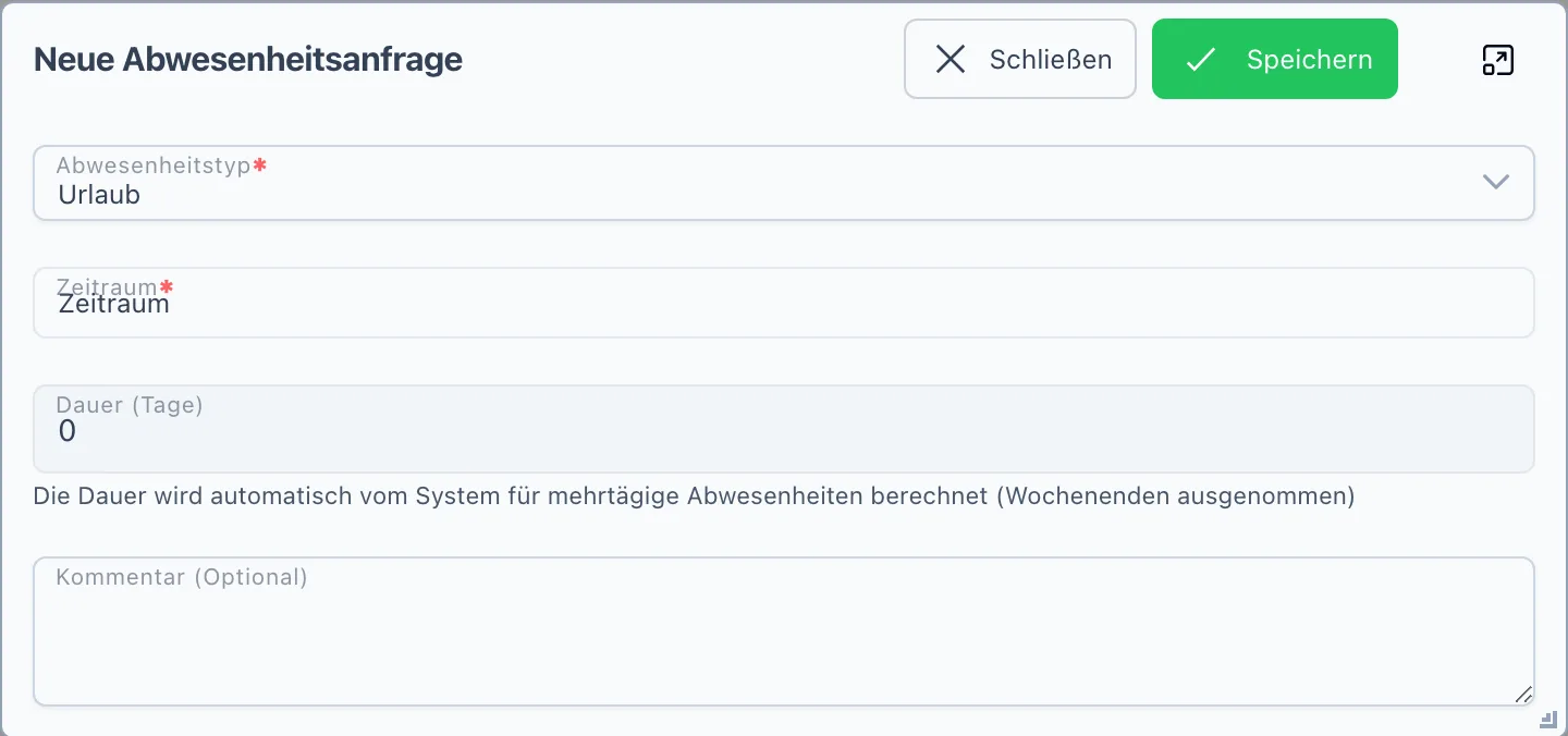 Der Dialog „Neue Abwesenheitsanfrage" mit Abwesenheitstyp, Zeitraum, Dauer und Kommentar