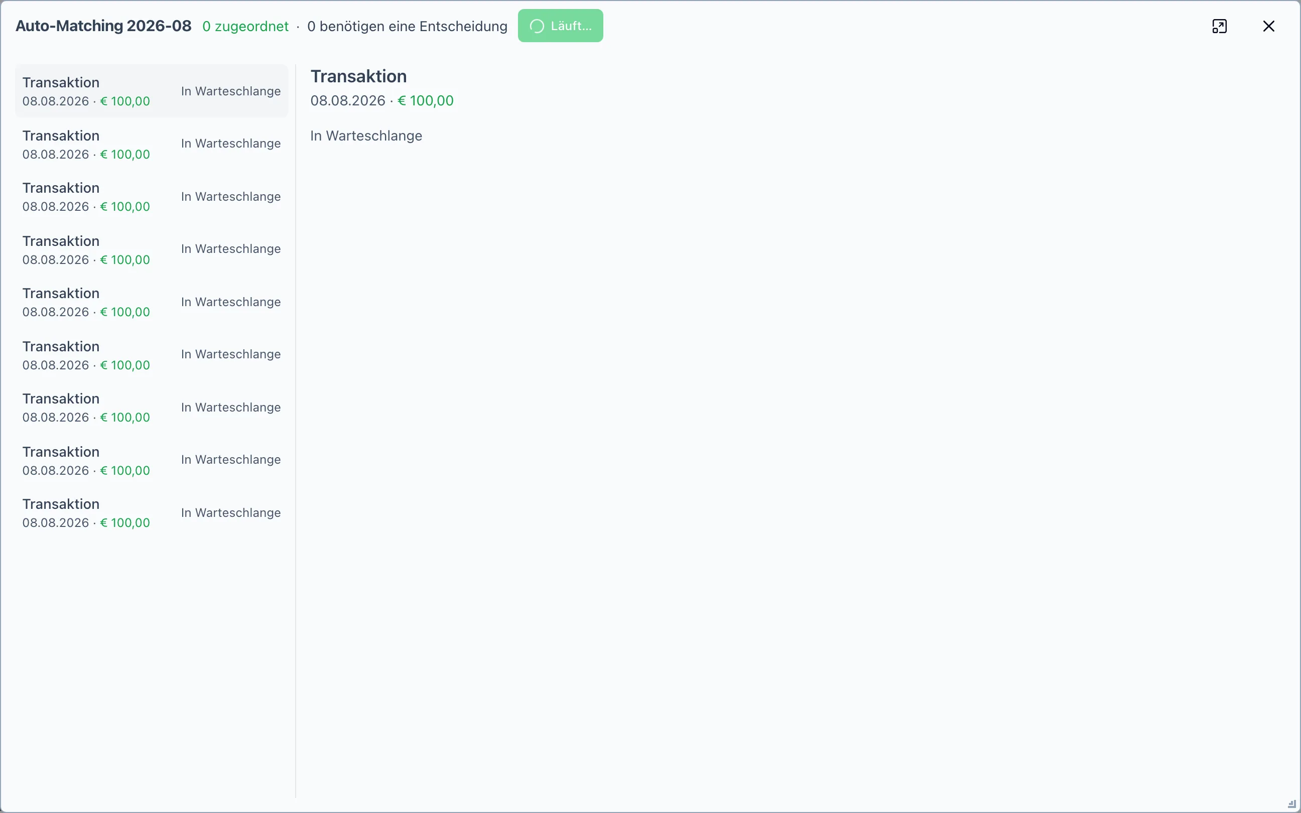 Auto-Matching-Dialog mit Transaktionsliste links und Kandidatenvorschlag rechts