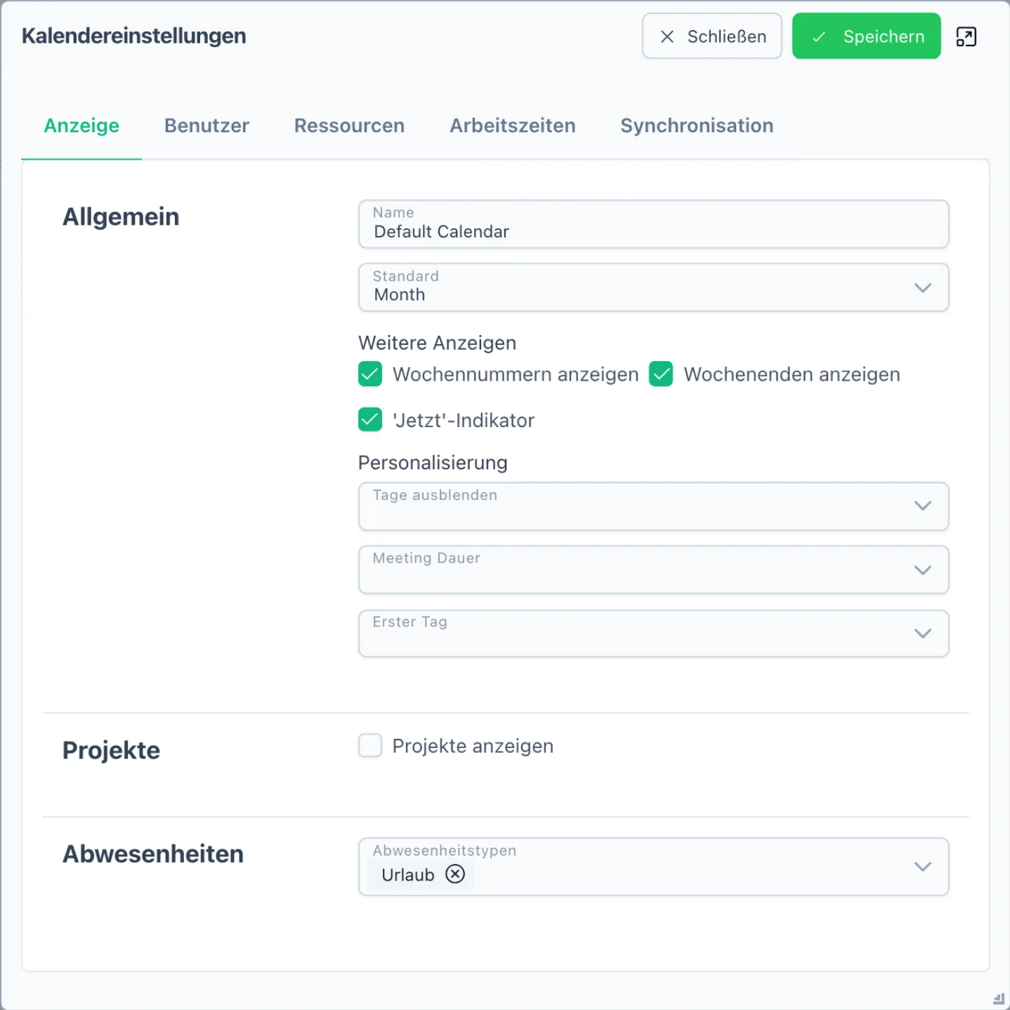 Der Dialog „Kalendereinstellungen" mit dem Reiter Anzeige