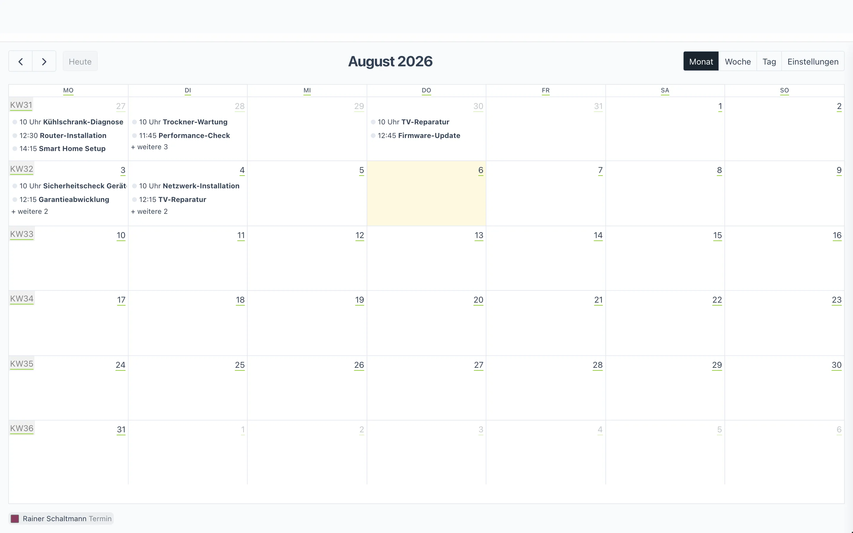 Kalender im Vollbild mit Monatsansicht, Steuerleiste und Farblegende