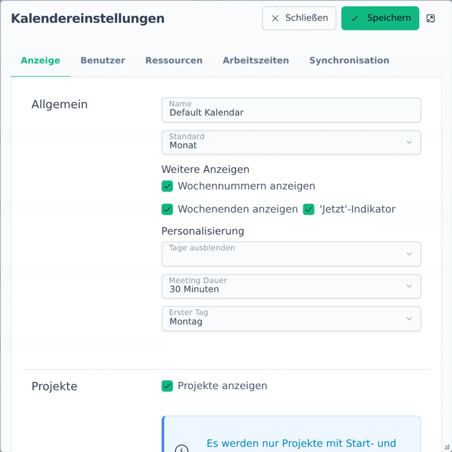 Der Dialog „Kalendereinstellungen" mit dem Reiter Anzeige, Personalisierung und den Projekt-/Abwesenheits-Optionen