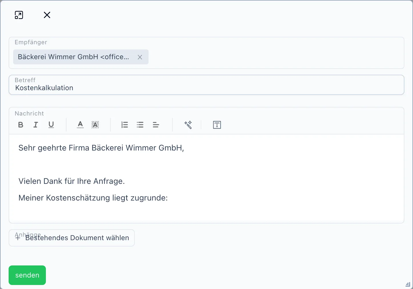 E-Mail-Dialog mit Empfänger, Betreff Kostenkalkulation und der vorbereiteten Nachricht