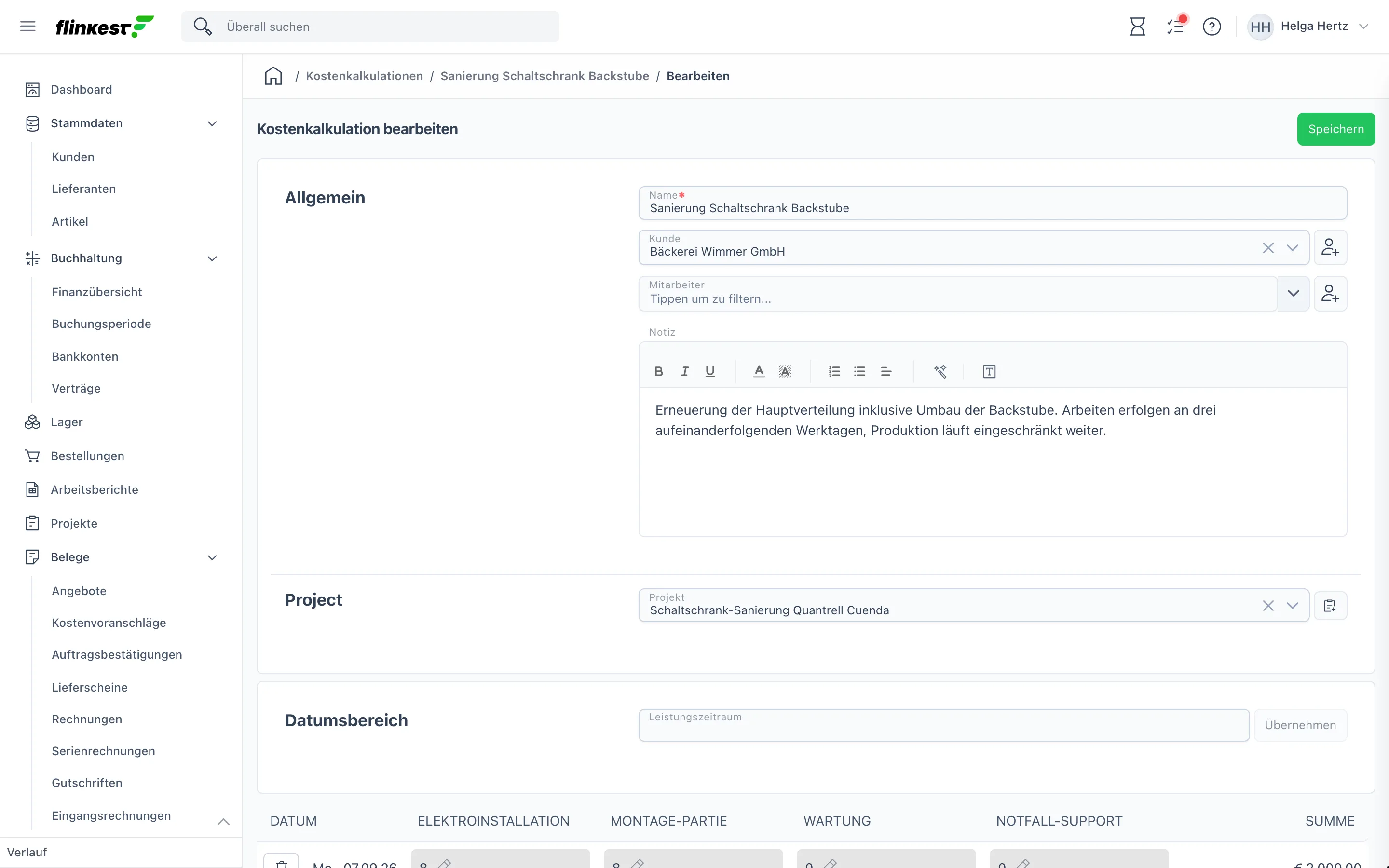 Kostenkalkulation bearbeiten: Kopfdaten mit Kunde und Projekt, darunter der Datumsbereich