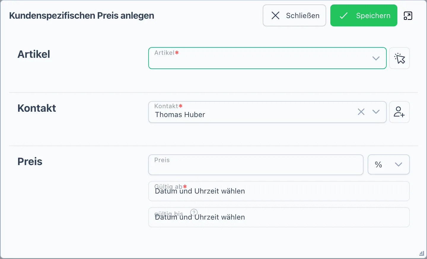 Dialog „Kundenspezifischen Preis anlegen" mit Artikel, Kontakt, Preis und Gültigkeit