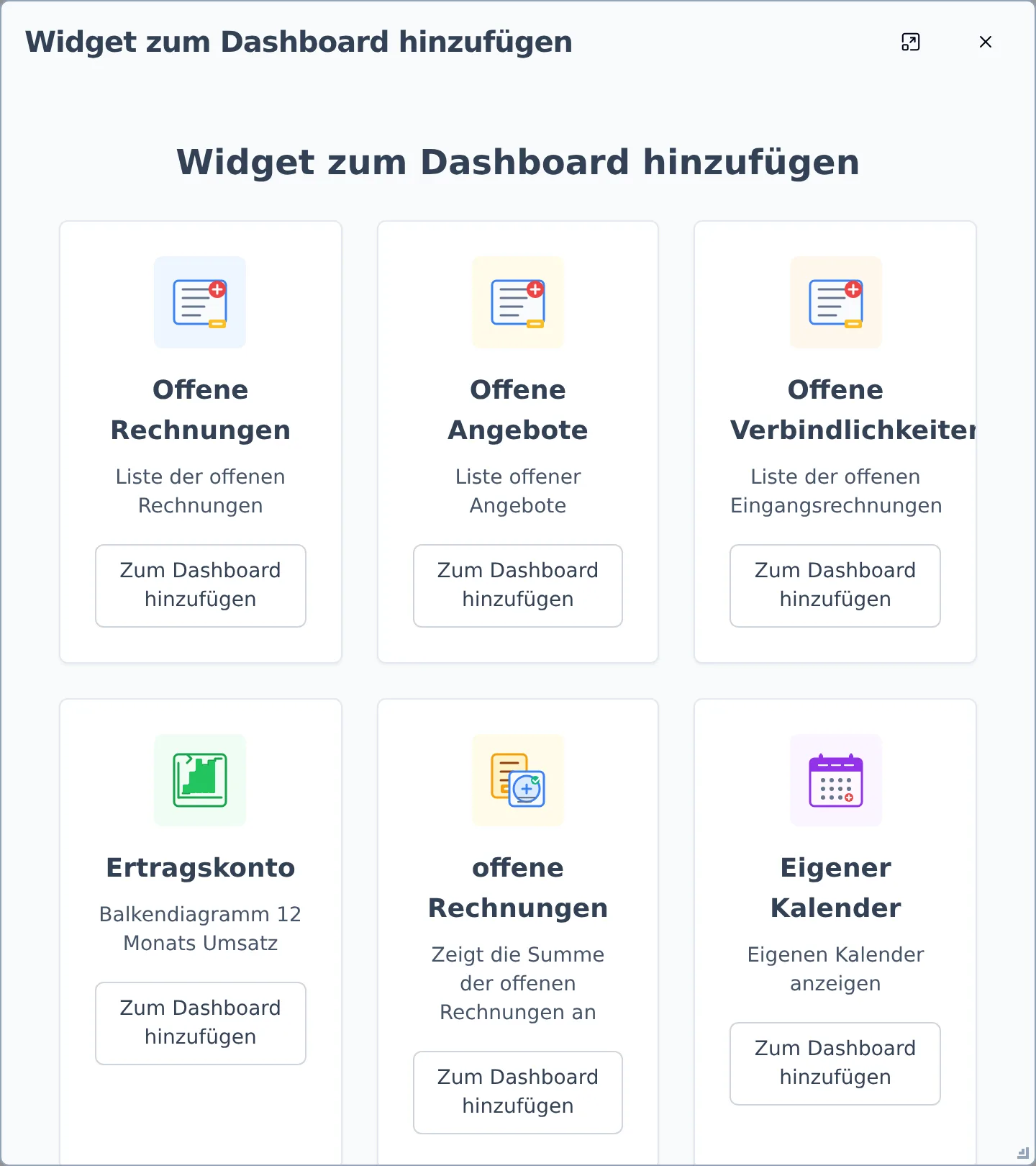 Der Dialog **Widget zum Dashboard hinzufügen** mit dem Karten-Raster der verfügbaren Kachel-Typen