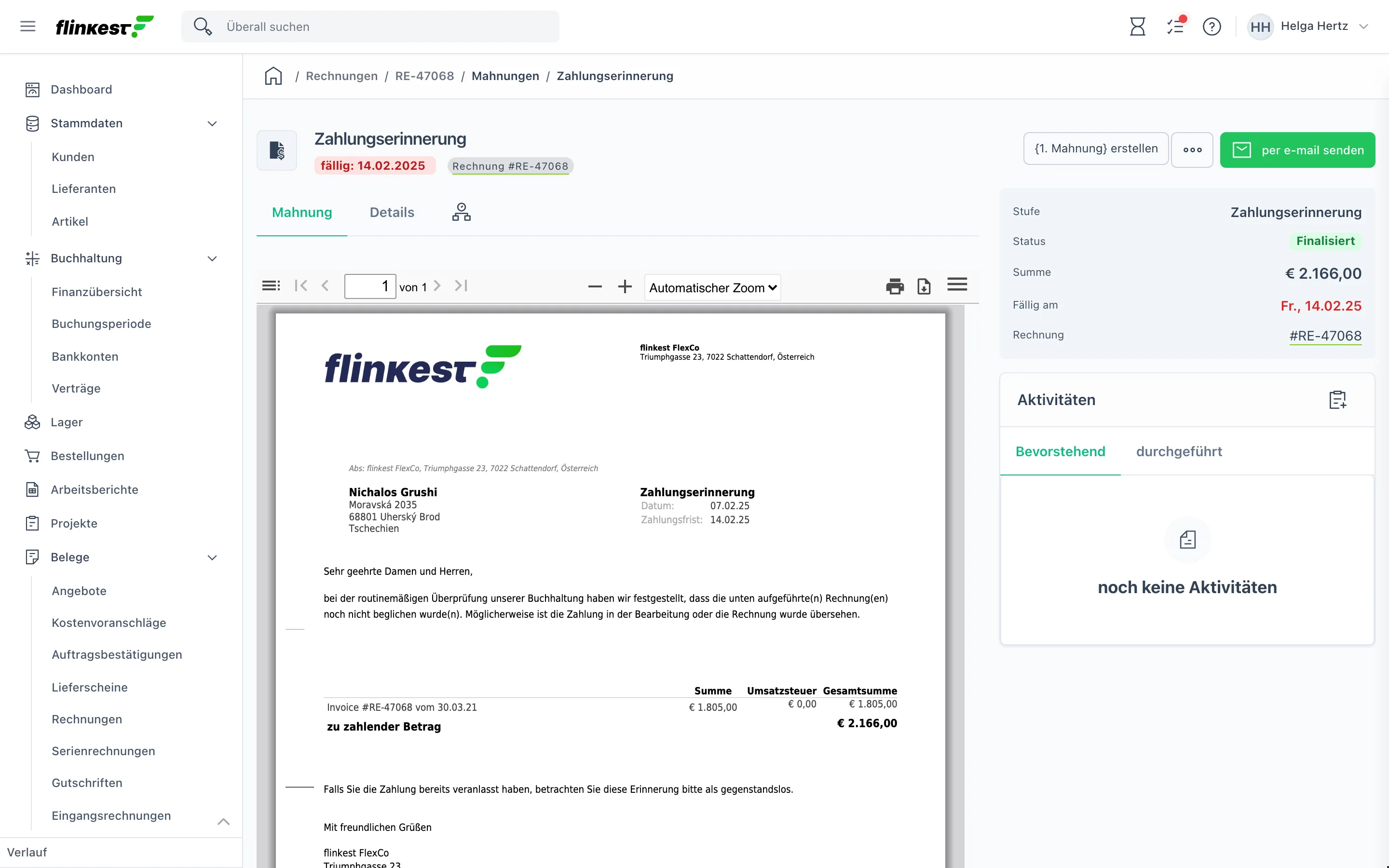 Mahnungsdetails mit PDF-Vorschau links und der Übersichtsbox rechts