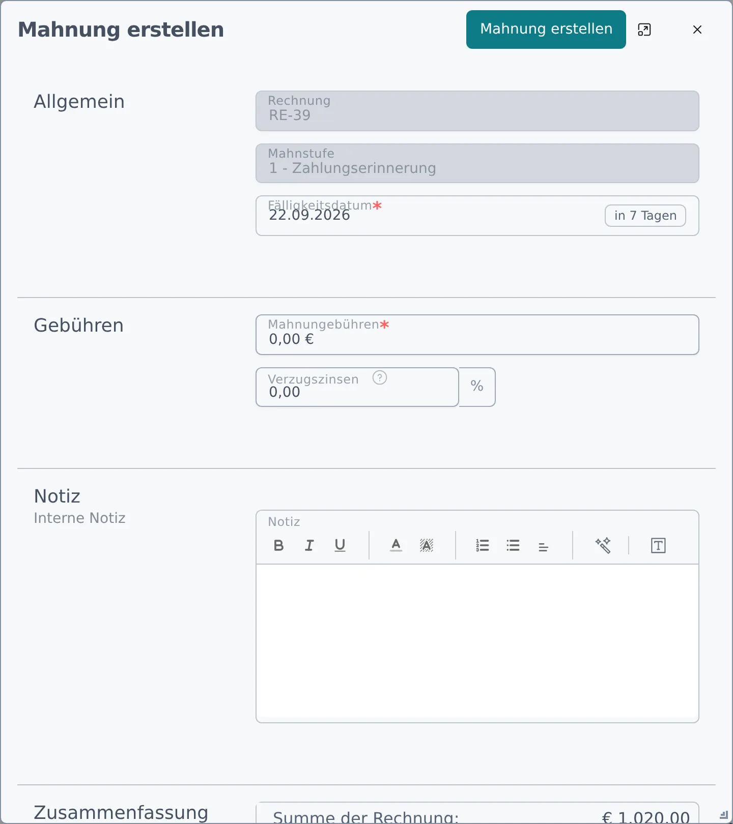 Der Dialog Mahnung erstellen mit Mahnstufe, Fälligkeitsdatum, Gebühren und Zusammenfassung