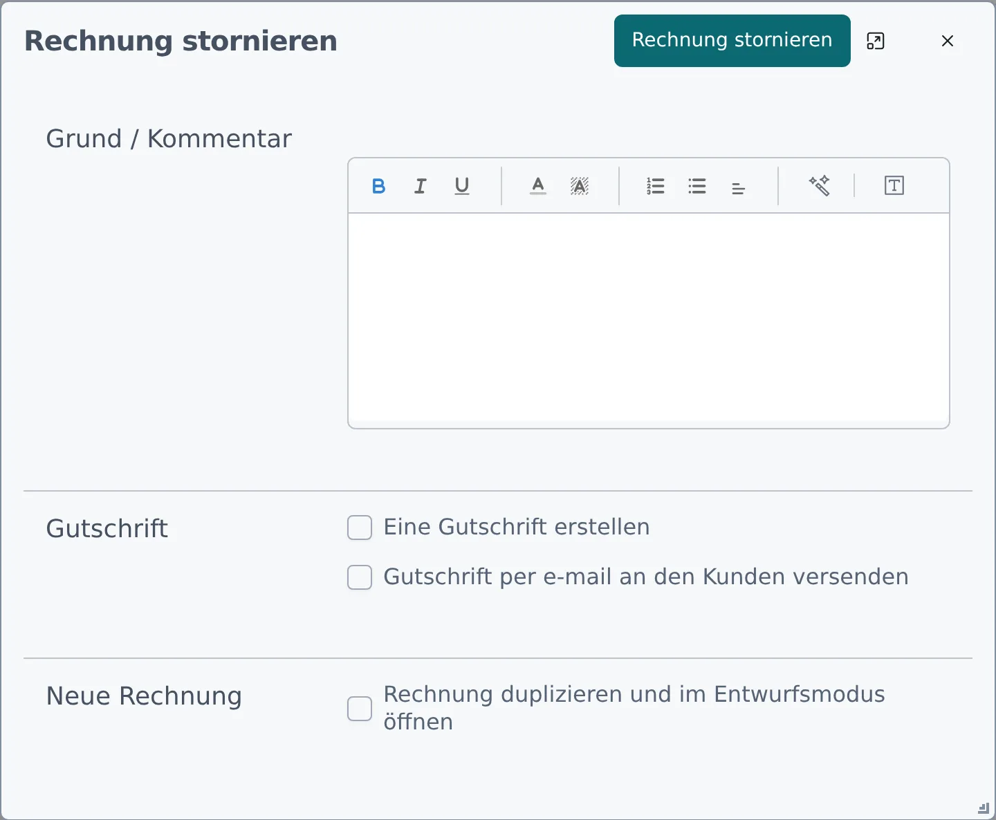 Der Dialog Rechnung stornieren mit den drei Kästchen für Gutschrift und Entwurfs-Kopie