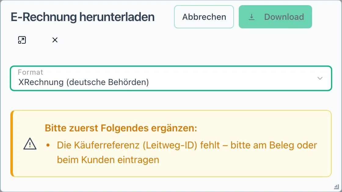 Dialog E-Rechnung herunterladen mit Format XRechnung und der Liste der fehlenden Angaben