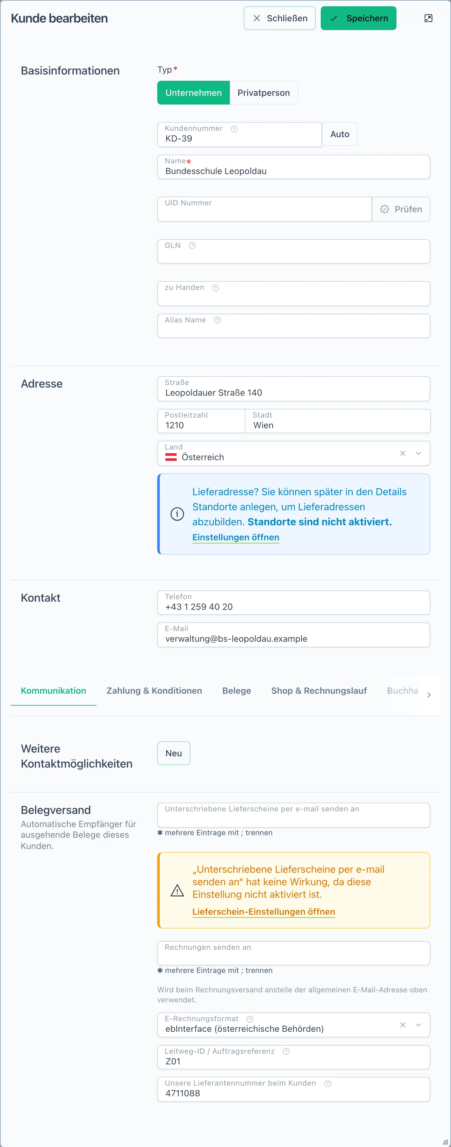 Dialog Kunde bearbeiten, Reiter Kommunikation mit E-Rechnungsformat ebInterface, Auftragsreferenz Z01 und Lieferantennummer