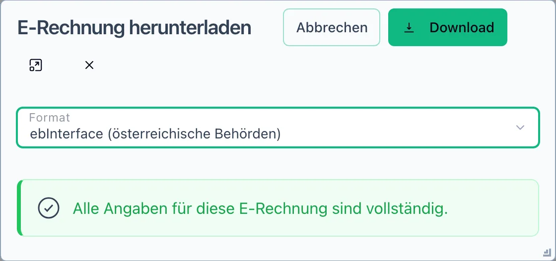 Dialog E-Rechnung herunterladen mit vorbelegtem Format ebInterface und dem Hinweis, dass alle Angaben vollständig sind