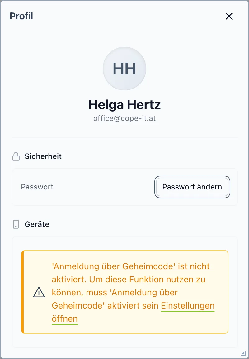 Profil-Dialog mit den Bereichen Sicherheit, Geräte-PIN und Geräte