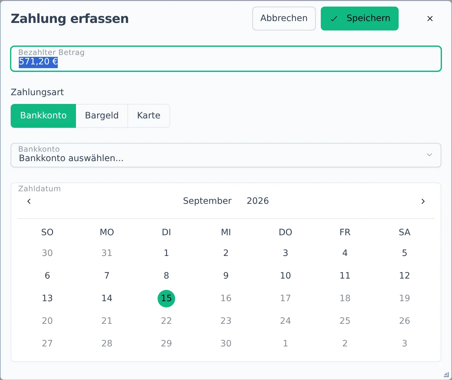 Dialog „Zahlung erfassen" mit bezahltem Betrag, Zahlungsart Bankkonto/Bargeld/Karte und Zahldatum