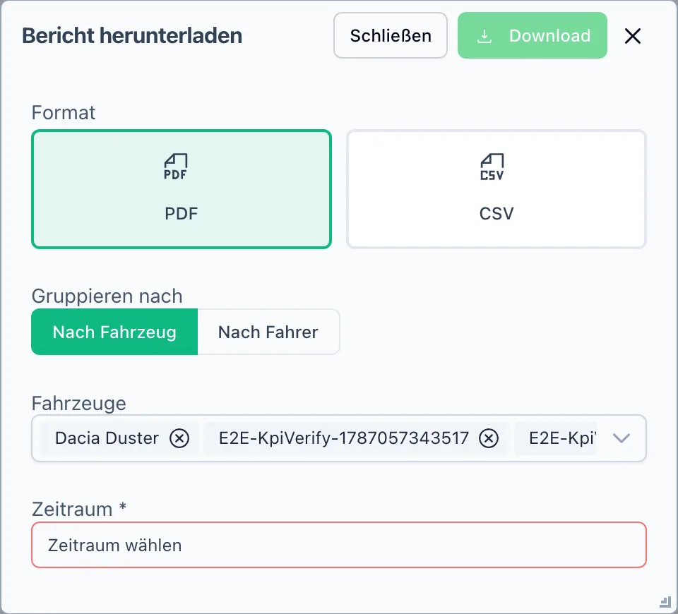 Dialog Bericht herunterladen mit Format, Gruppierung, Fahrzeugauswahl und Zeitraum