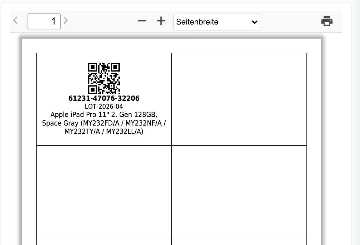 Vorschau eines Etiketts: QR-Code, Artikelnummer in Fettschrift, Chargennummer und Artikelname