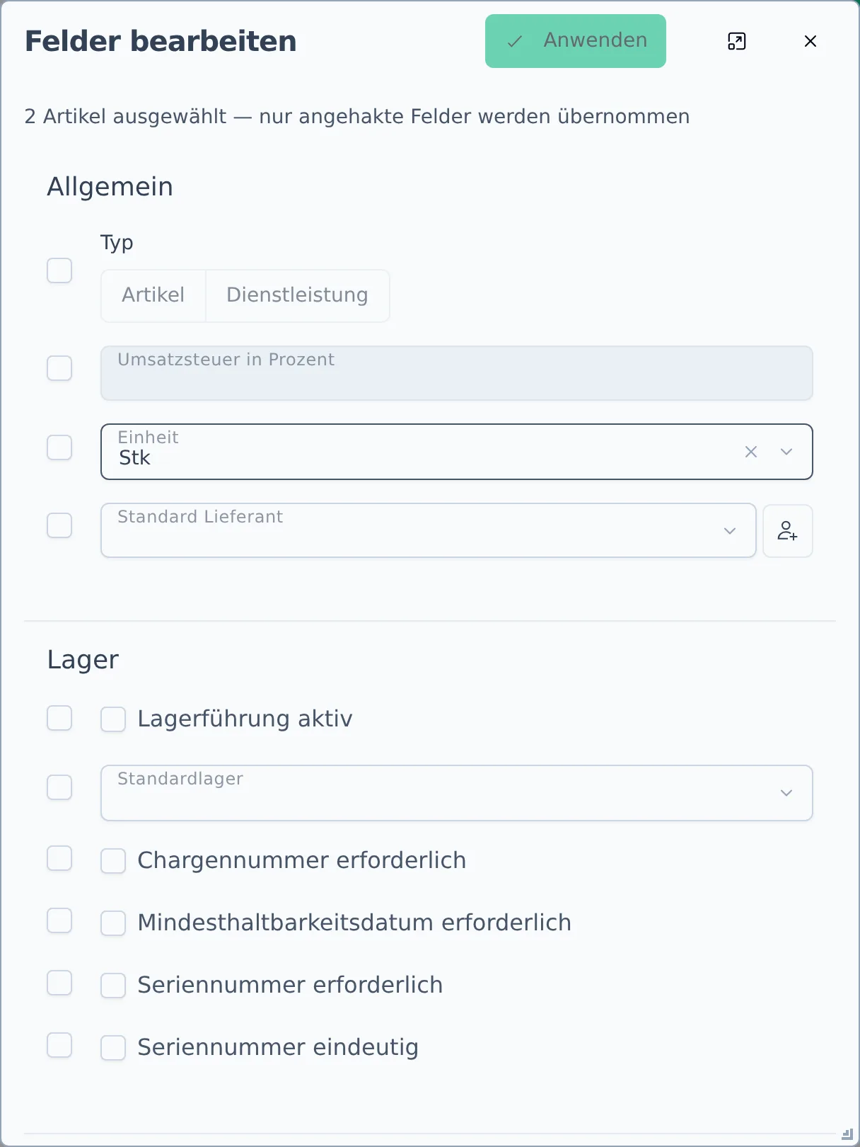 Der Dialog Felder bearbeiten mit Feldgruppen und Auswahl-Kästchen je Feld