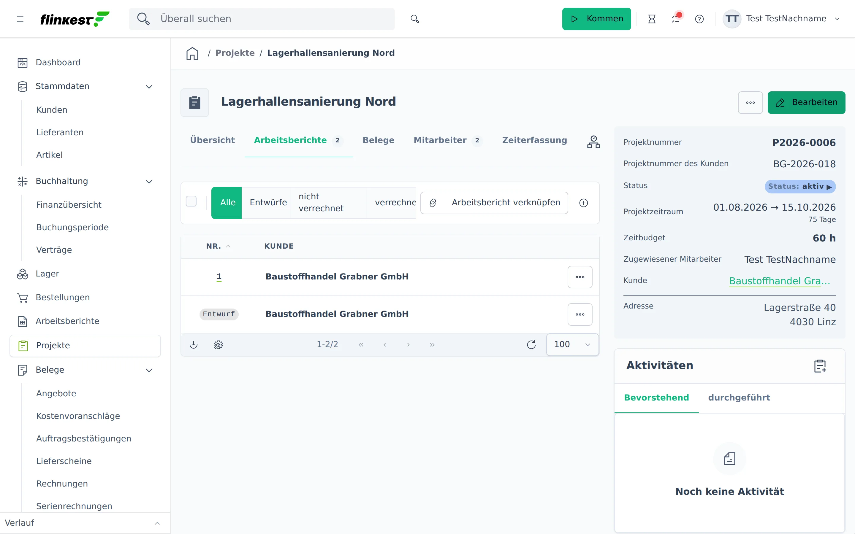 Der Reiter Arbeitsberichte mit Schnellfilter, einem Entwurf und einem abgeschlossenen Arbeitsbericht