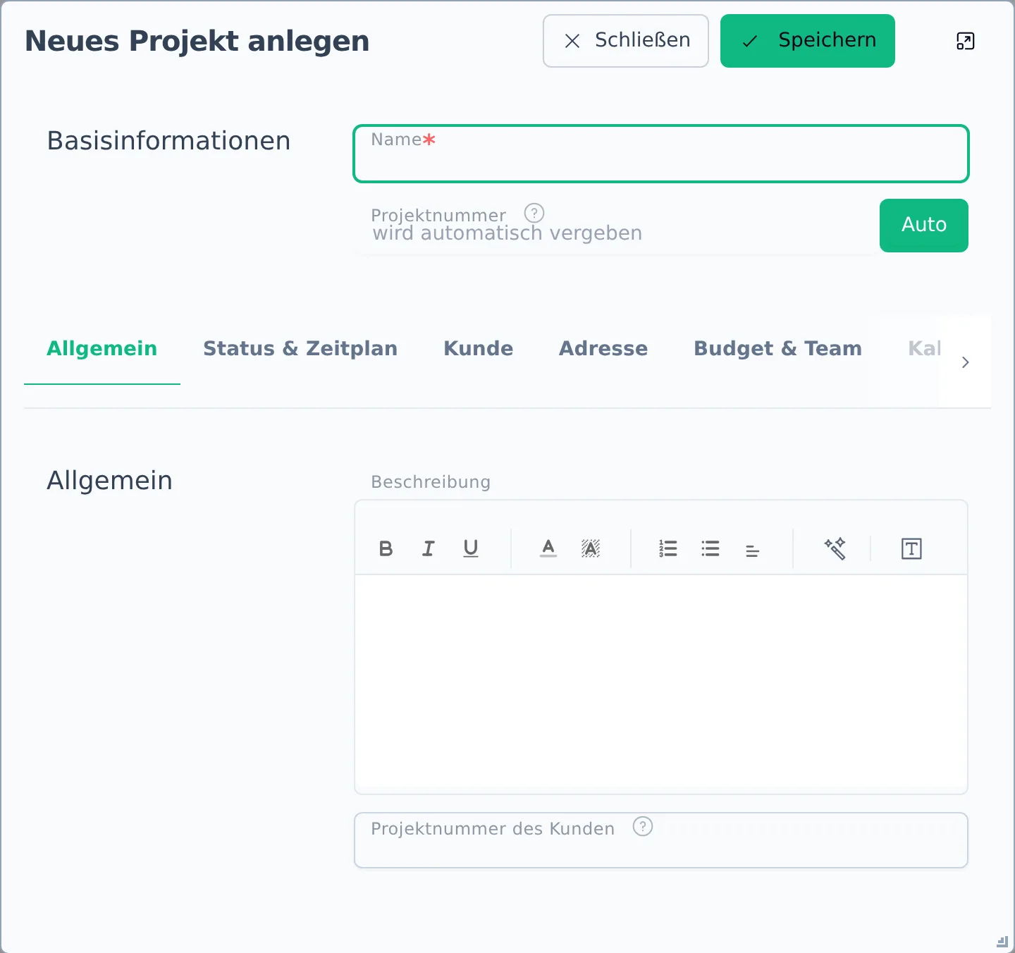 Der Dialog „Neues Projekt anlegen“ mit den immer sichtbaren Basisinformationen oben