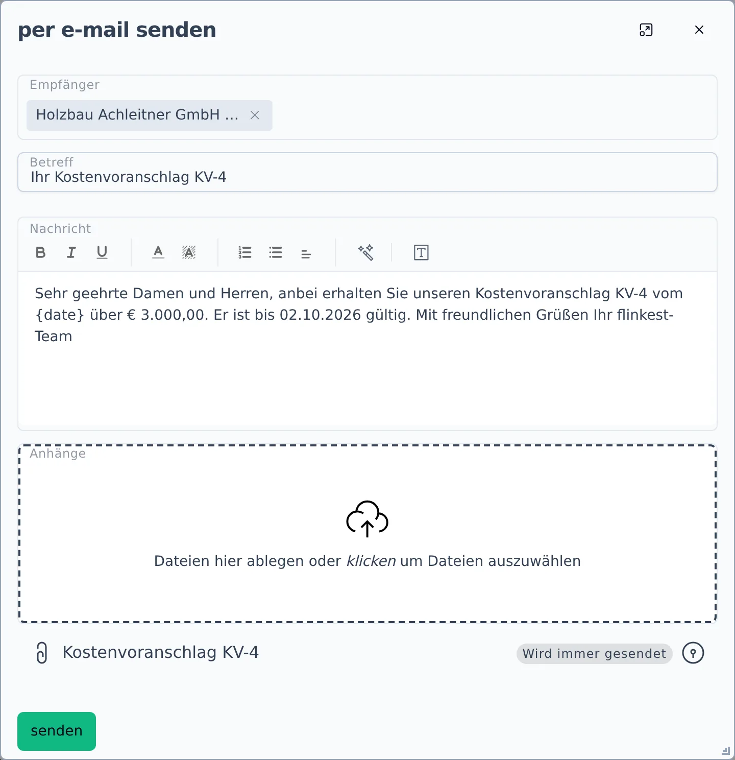Dialog „per e-mail senden" mit Empfänger, Betreff, Nachricht und dem Bereich für Anhänge