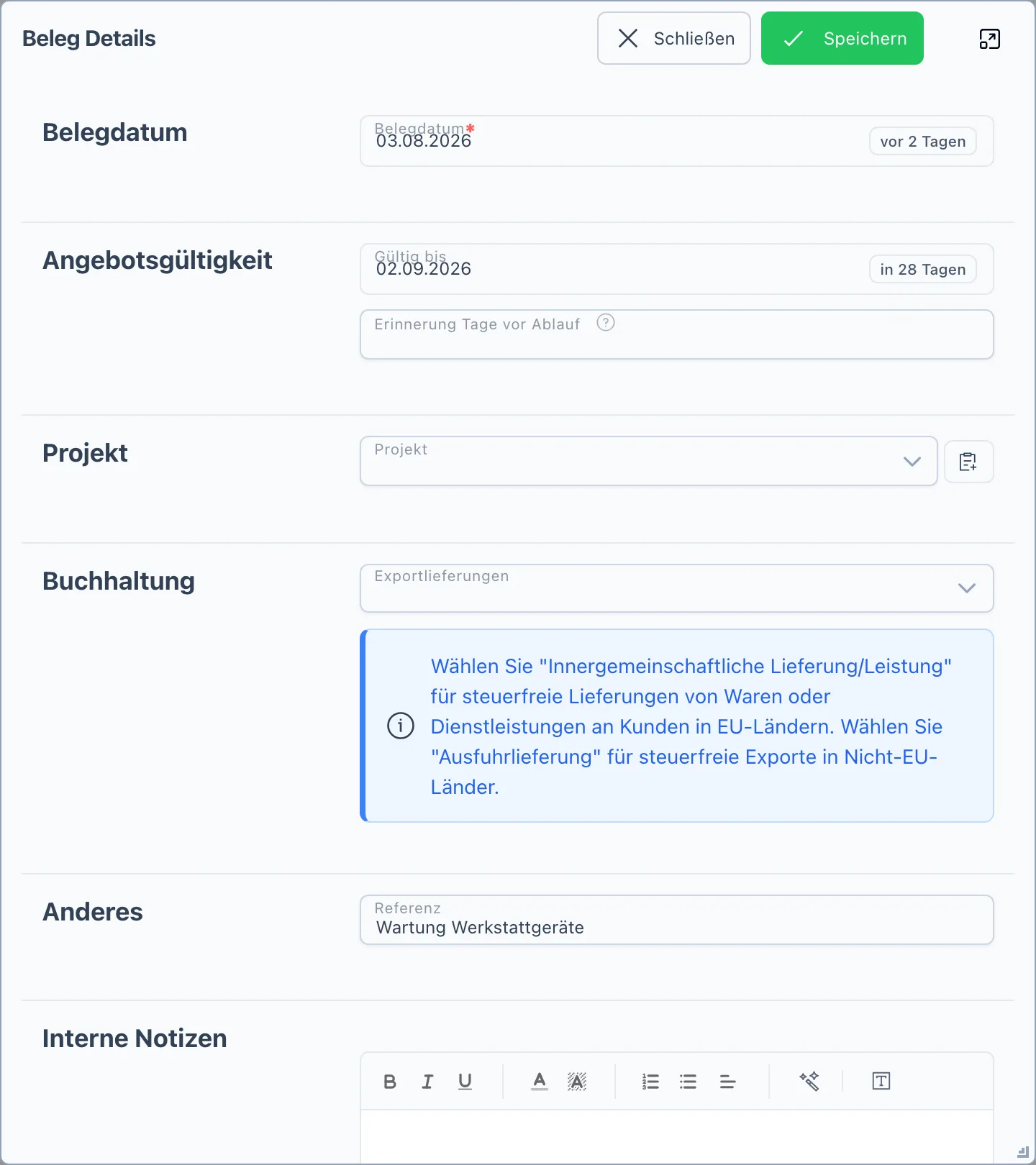 Dialog „Beleg Details" eines Kostenvoranschlags mit dem Block Angebotsgültigkeit: Gültig bis und Erinnerung