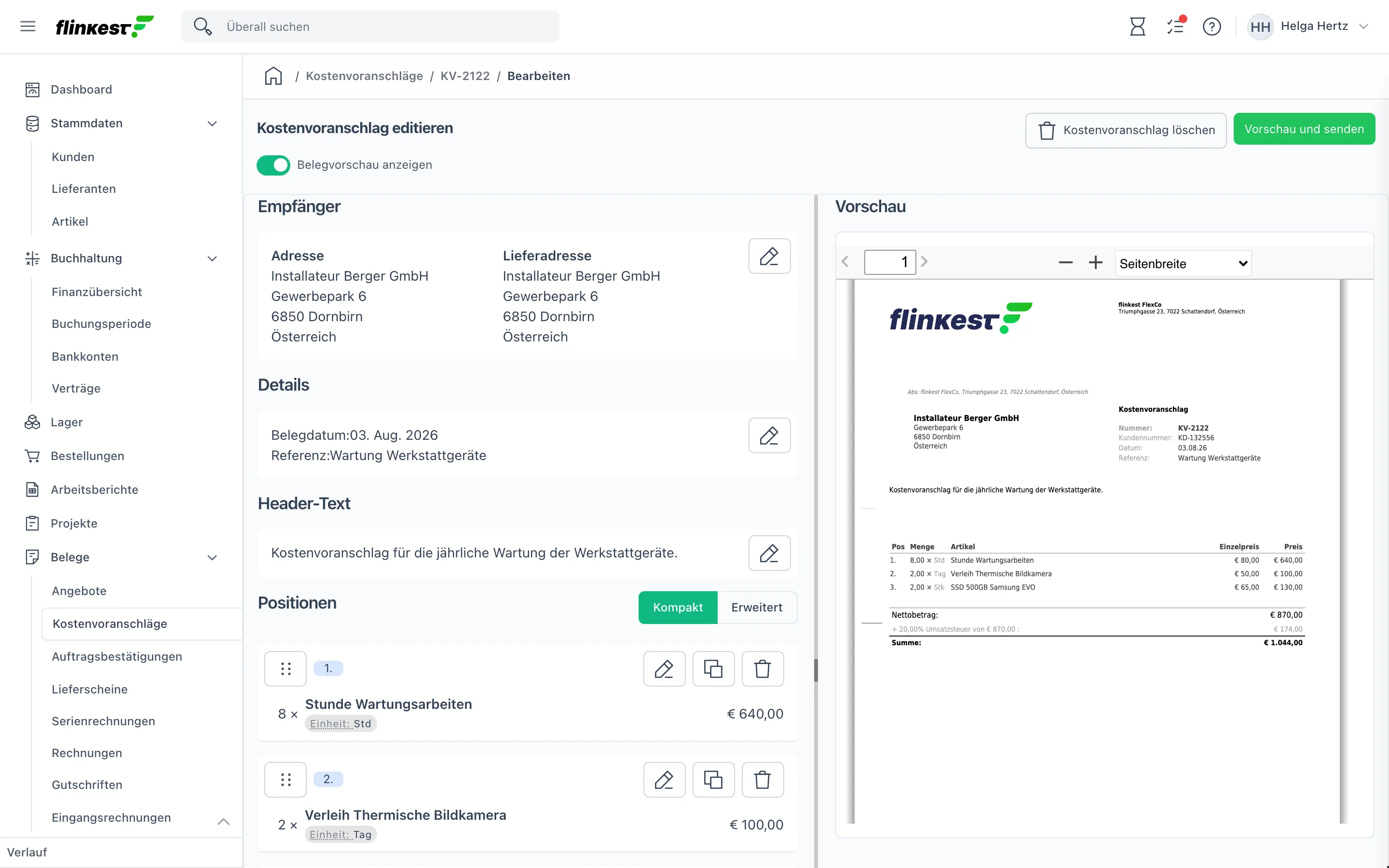 Beleg-Editor für einen Kostenvoranschlag: links Empfänger, Details und Positionen, rechts die Vorschau