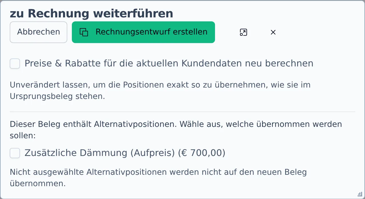 Dialog „zu Rechnung weiterführen" mit dem Kästchen „Preise & Rabatte für die aktuellen Kundendaten neu berechnen"