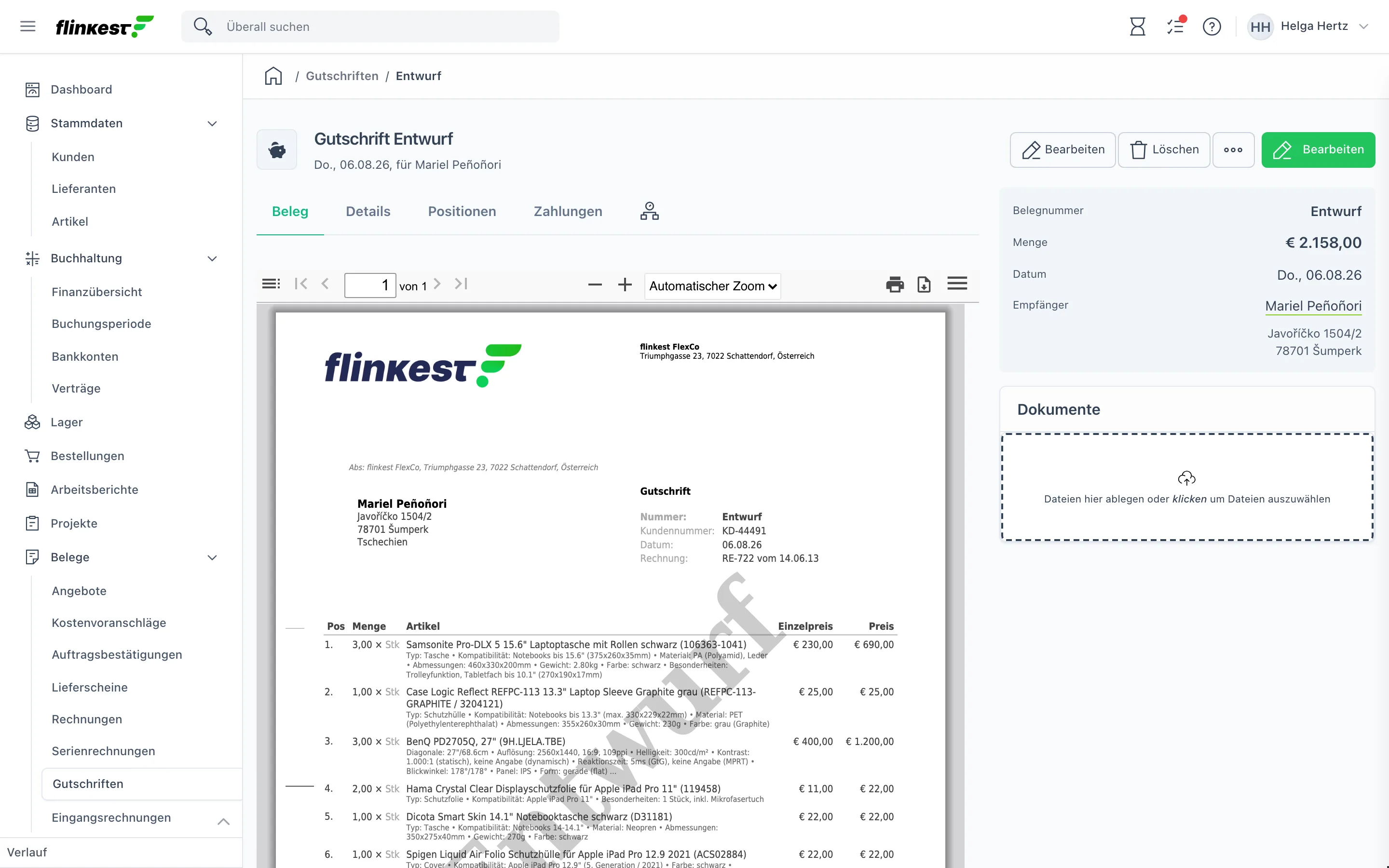 Gutschrift im Entwurf mit doppelter Schaltfläche „Bearbeiten" und dem Entwurfs-Wasserzeichen im PDF