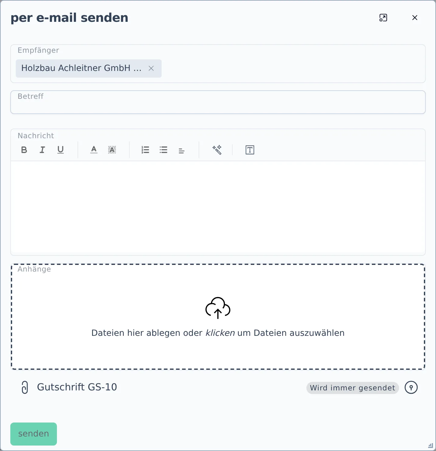 Dialog „per e-mail senden" mit Empfänger, Betreff, Nachricht und dem Bereich für Anhänge