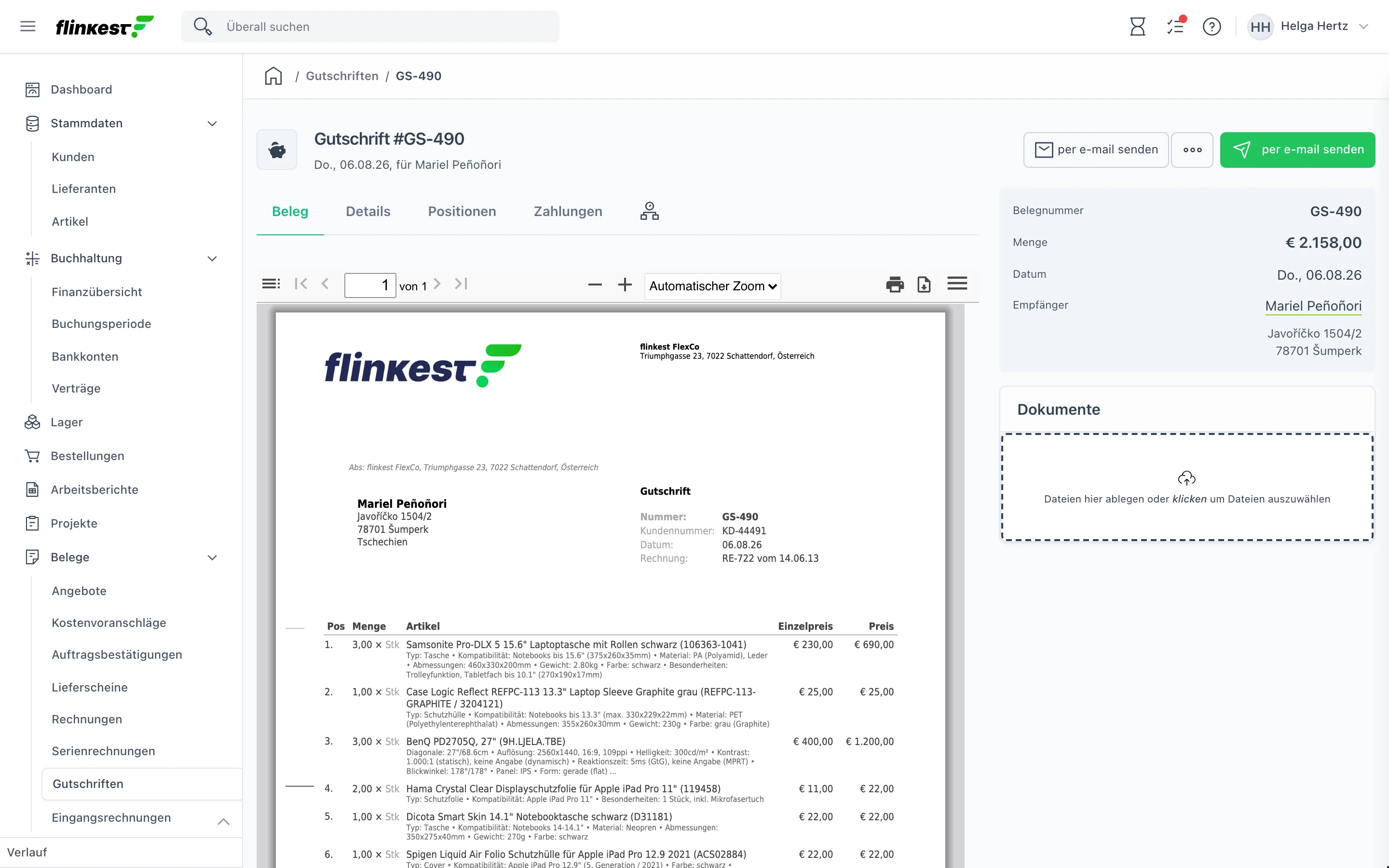 Gutschriftdetails mit PDF-Vorschau, Eckdaten und dem Reiter Zahlungen