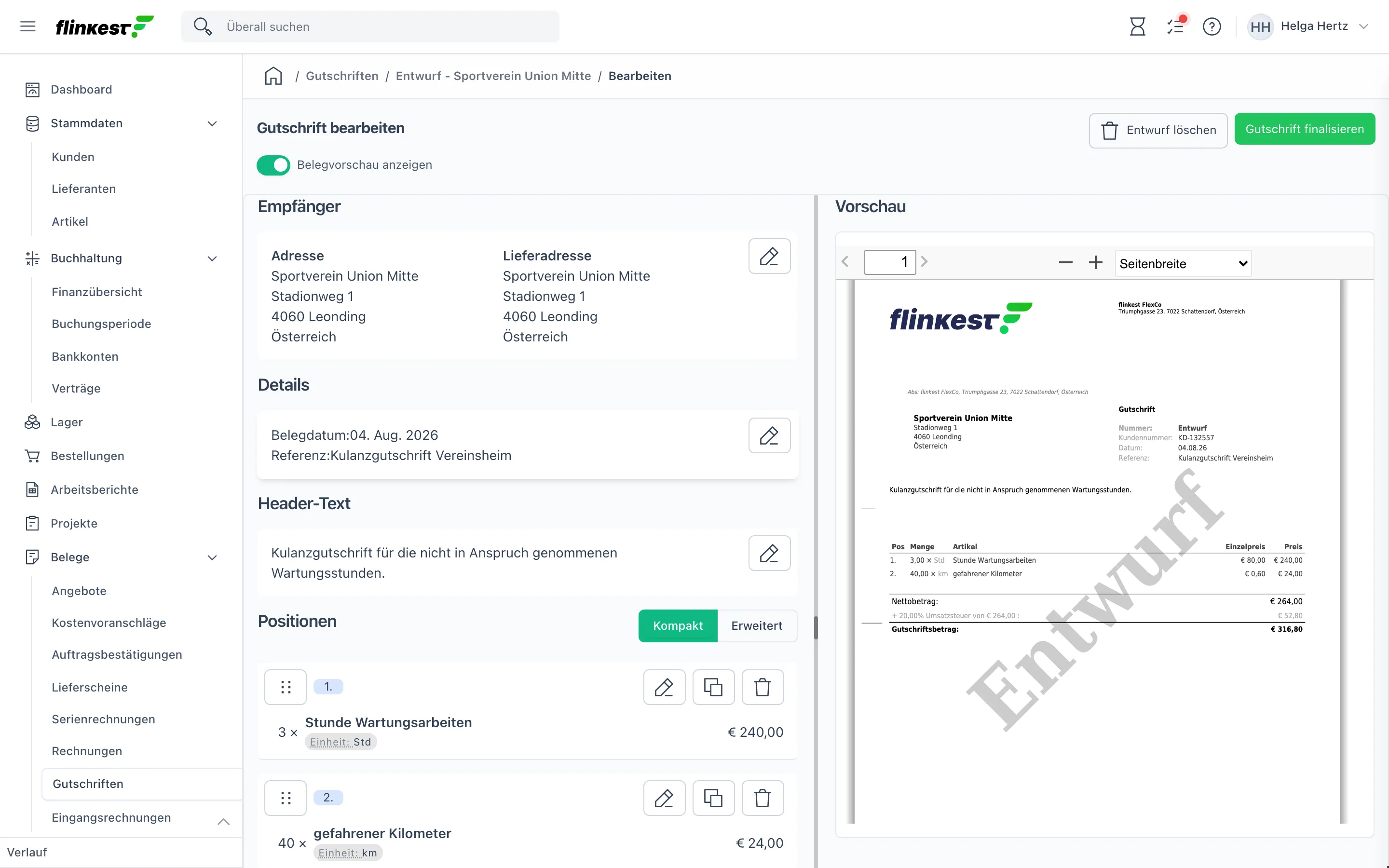 Beleg-Editor für einen Gutschrift-Entwurf: links Empfänger, Details und Positionen, rechts die Belegvorschau