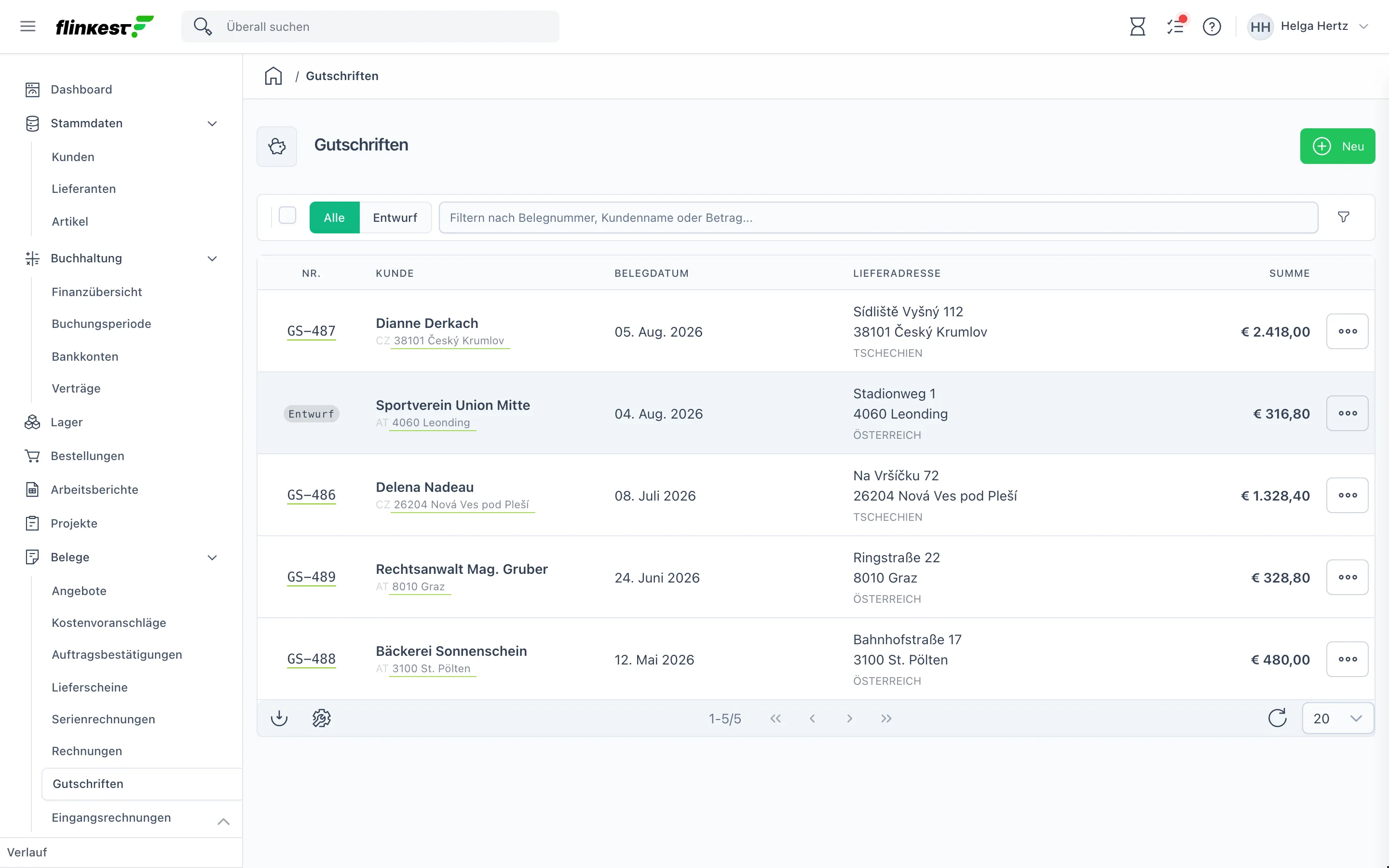 Liste der Gutschriften mit Belegnummer, Kunde, Belegdatum, Lieferadresse und Summe