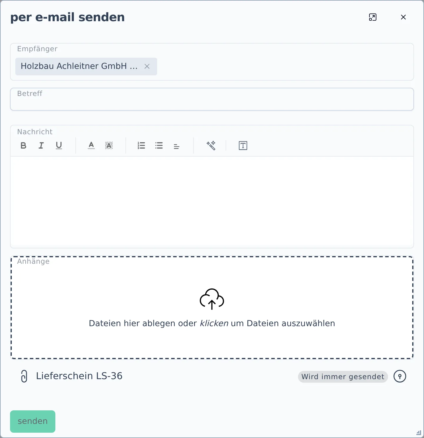 Der Dialog „per e-mail senden" mit dem fest mitgeschickten Beleg-PDF ganz oben, Empfänger, Betreff, Nachricht und Anhang-Bereich