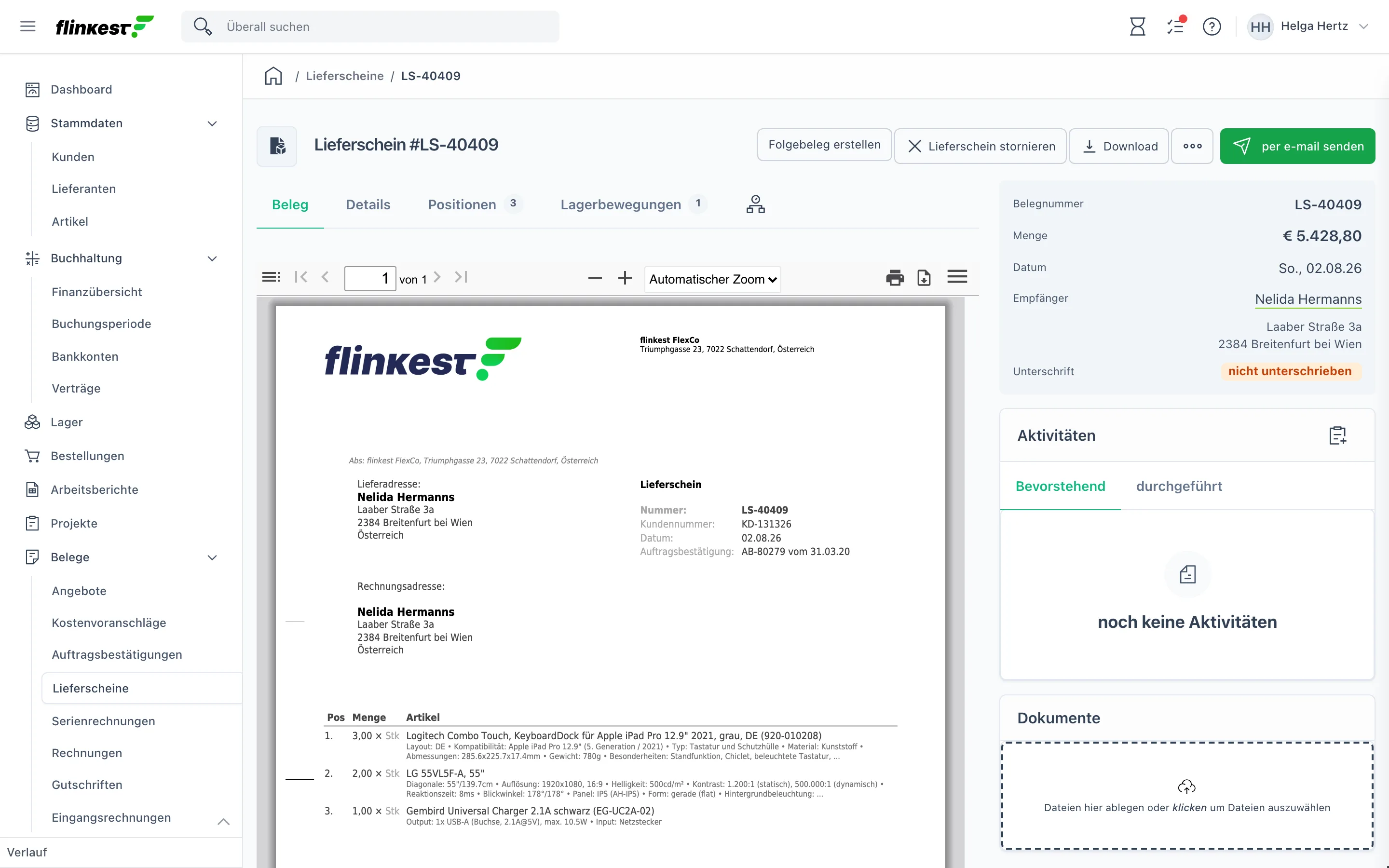 Detailansicht eines Lieferscheins mit PDF-Vorschau, Kennzahlen, Aktivitäten und Dokumenten