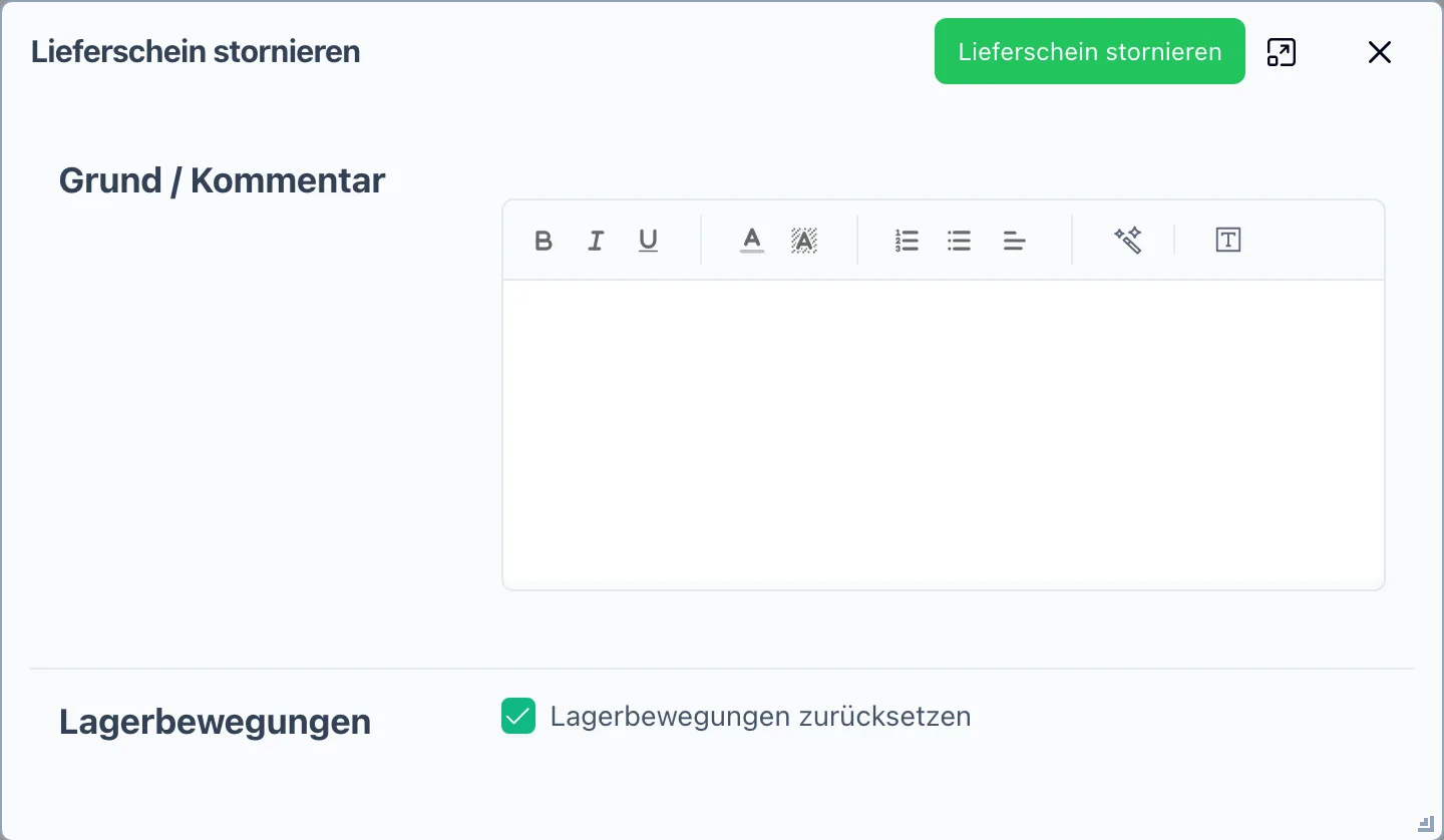 Storno-Dialog mit Grund und der Option, Lagerbewegungen zurückzusetzen