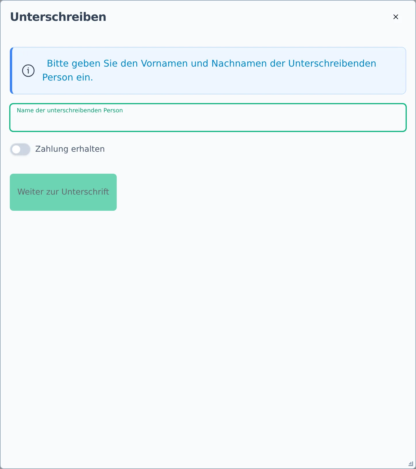 Der Dialog „Unterschreiben" mit Name der unterschreibenden Person und Signaturfeld
