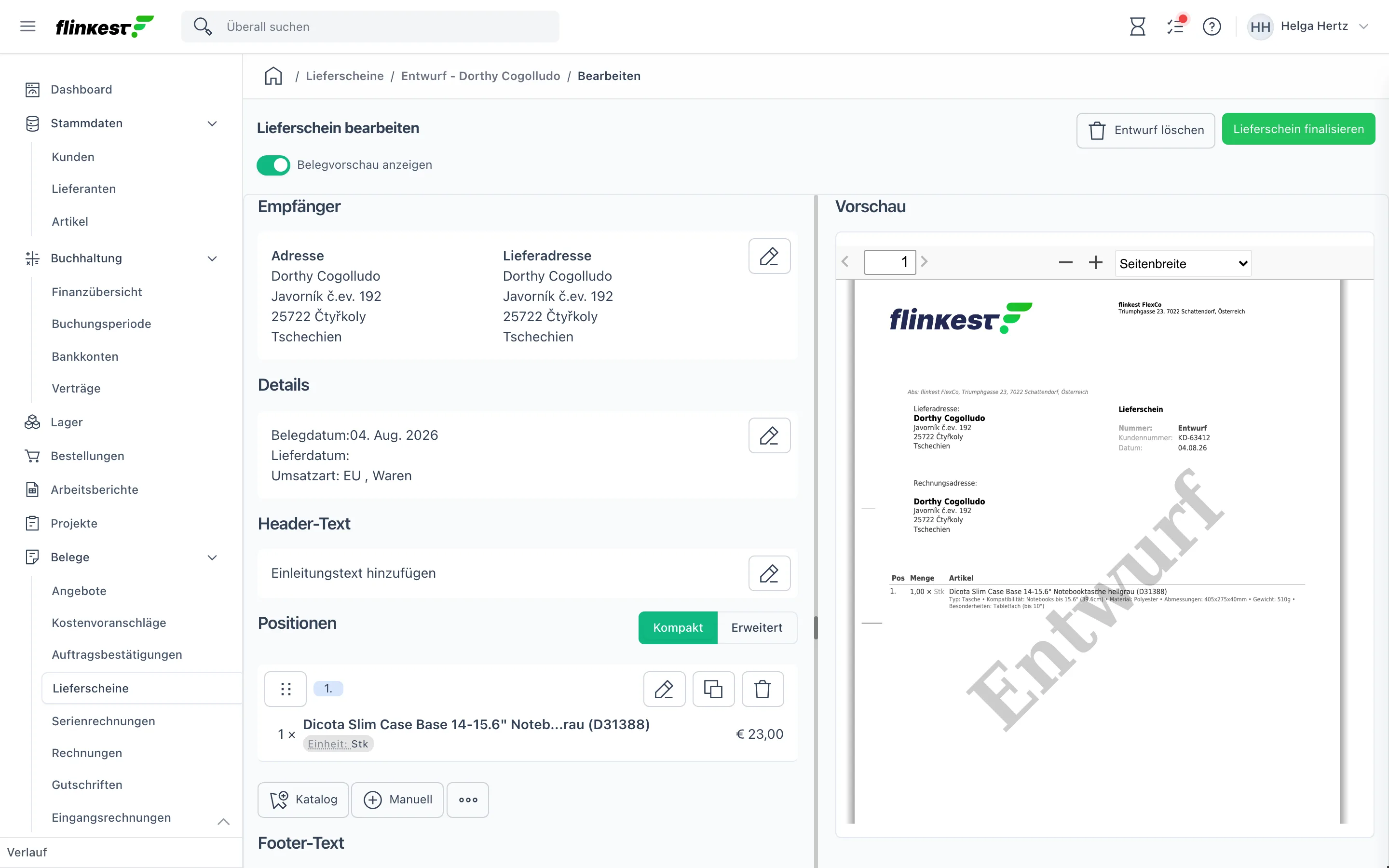 Beleg-Editor für einen Lieferschein-Entwurf: links Empfänger, Details und Positionen, rechts die Belegvorschau