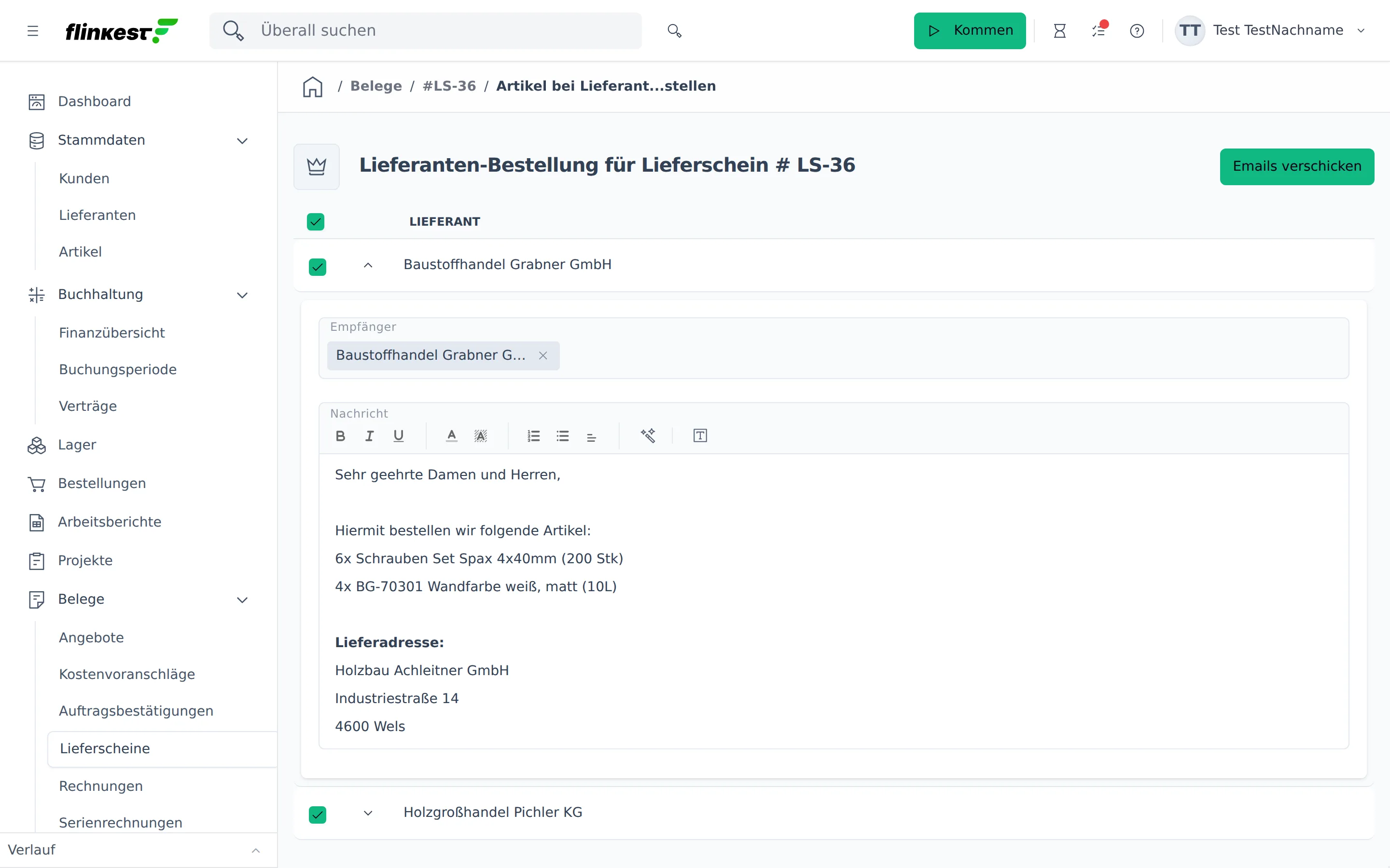 Bestellübersicht für einen Lieferschein mit aufgeklapptem Lieferanten und Empfänger-/Nachrichtenfeld