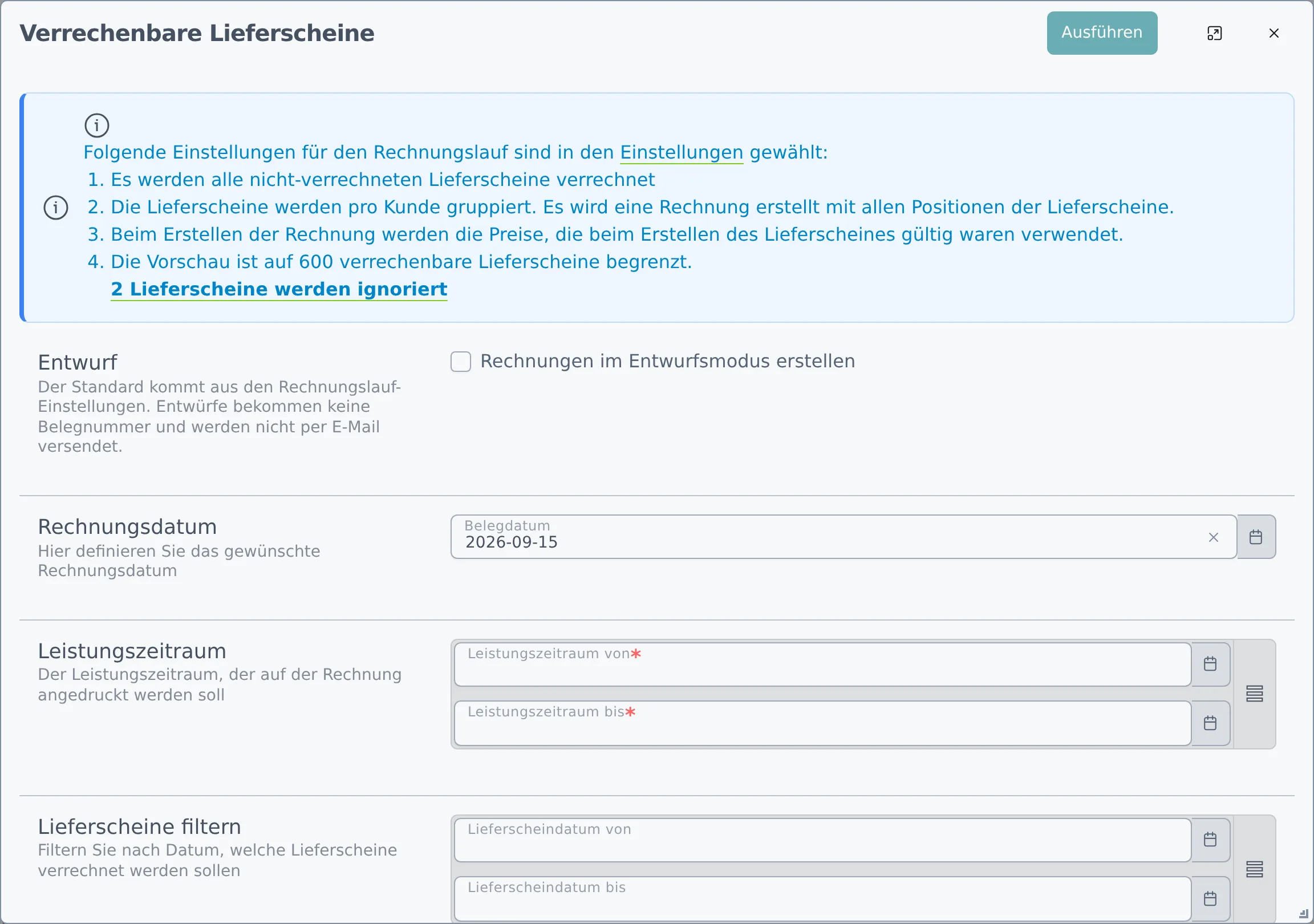 Der Dialog Verrechenbare Lieferscheine mit Zeitraum-Auswahl und der Liste der verrechenbaren Kunden