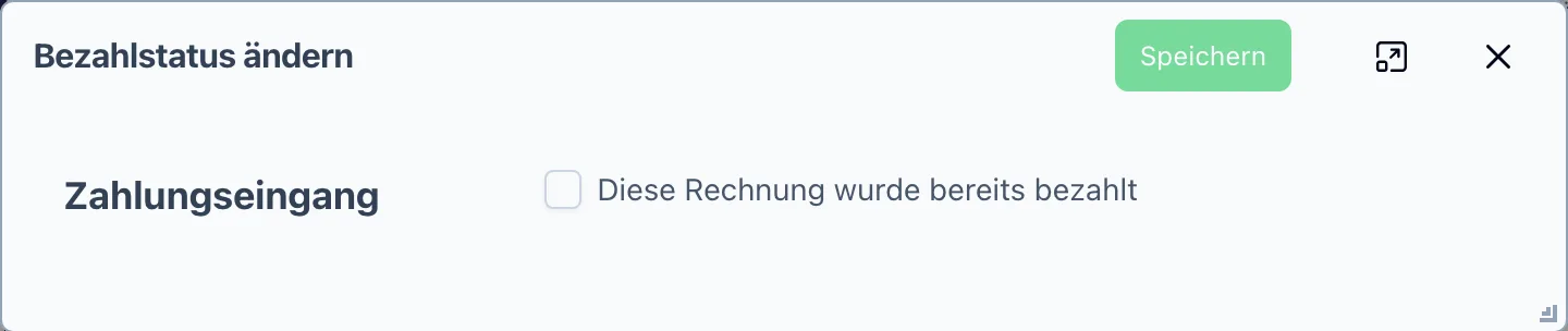 Der Dialog „Bezahlstatus ändern" mit Kästchen und Kalender für das Bezahldatum