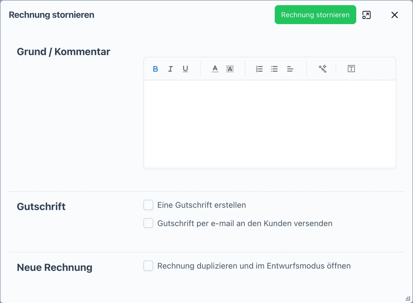 Der Dialog „Rechnung stornieren" mit Grund, Gutschrift-Optionen und Entwurfs-Kopie