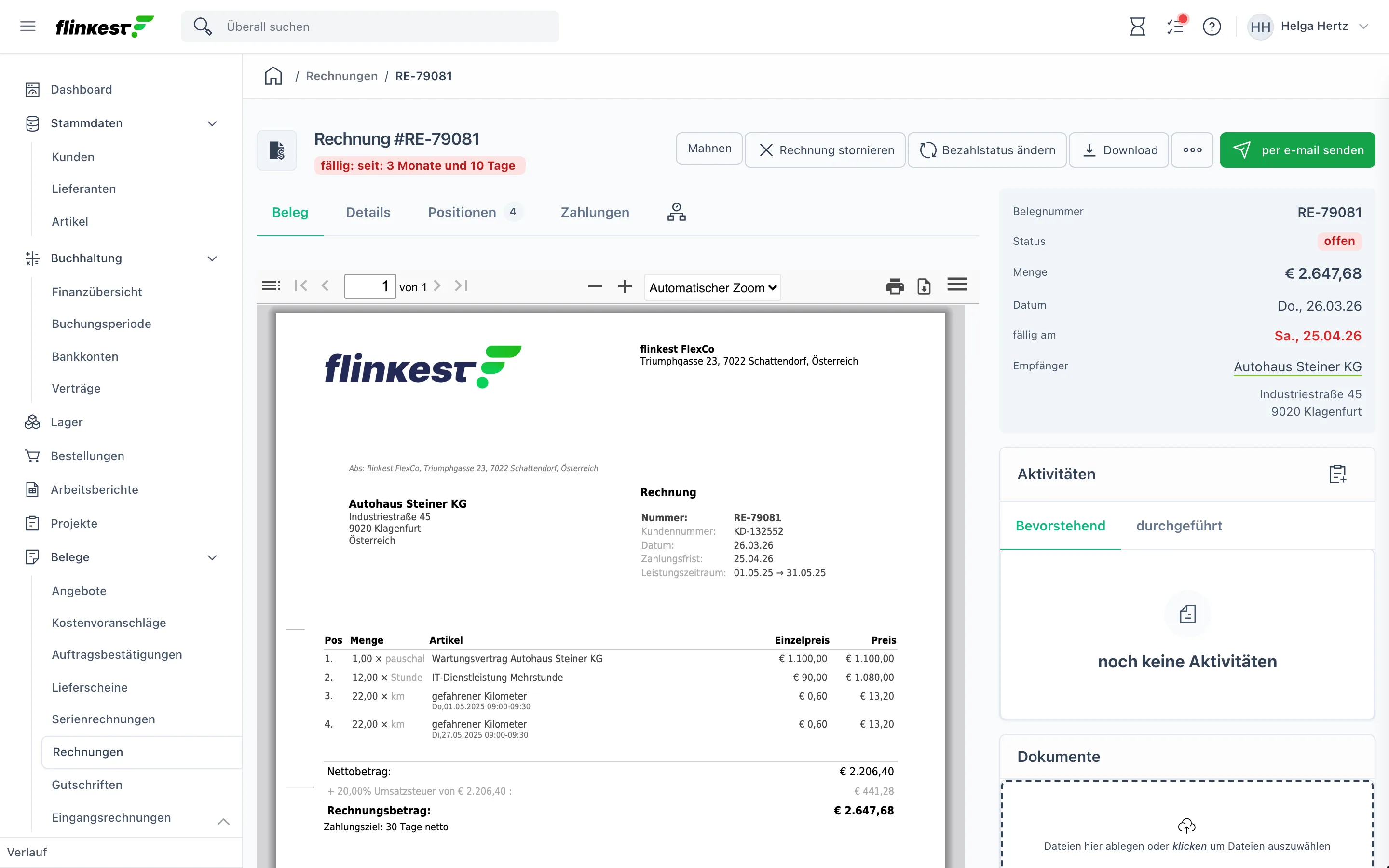 Rechnungsdetails mit PDF-Vorschau, Übersichtskarte und Reitern