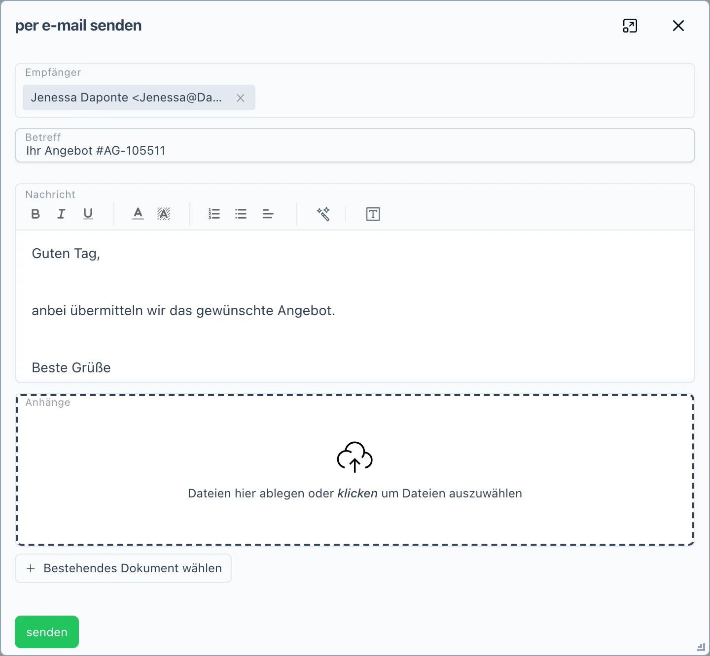 Dialog „per e-mail senden" mit Empfänger, Betreff, Nachricht und dem Bereich für Anhänge