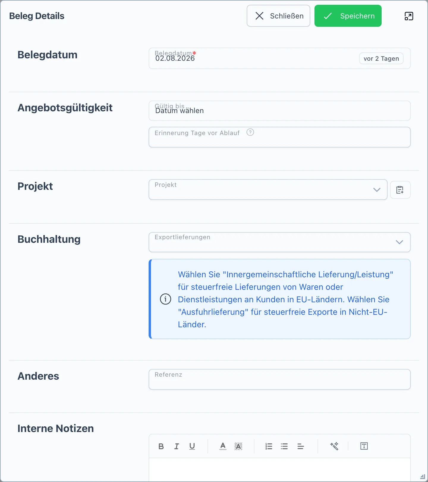 Dialog „Beleg Details" mit Belegdatum und dem Block Angebotsgültigkeit: Gültig bis und Erinnerung