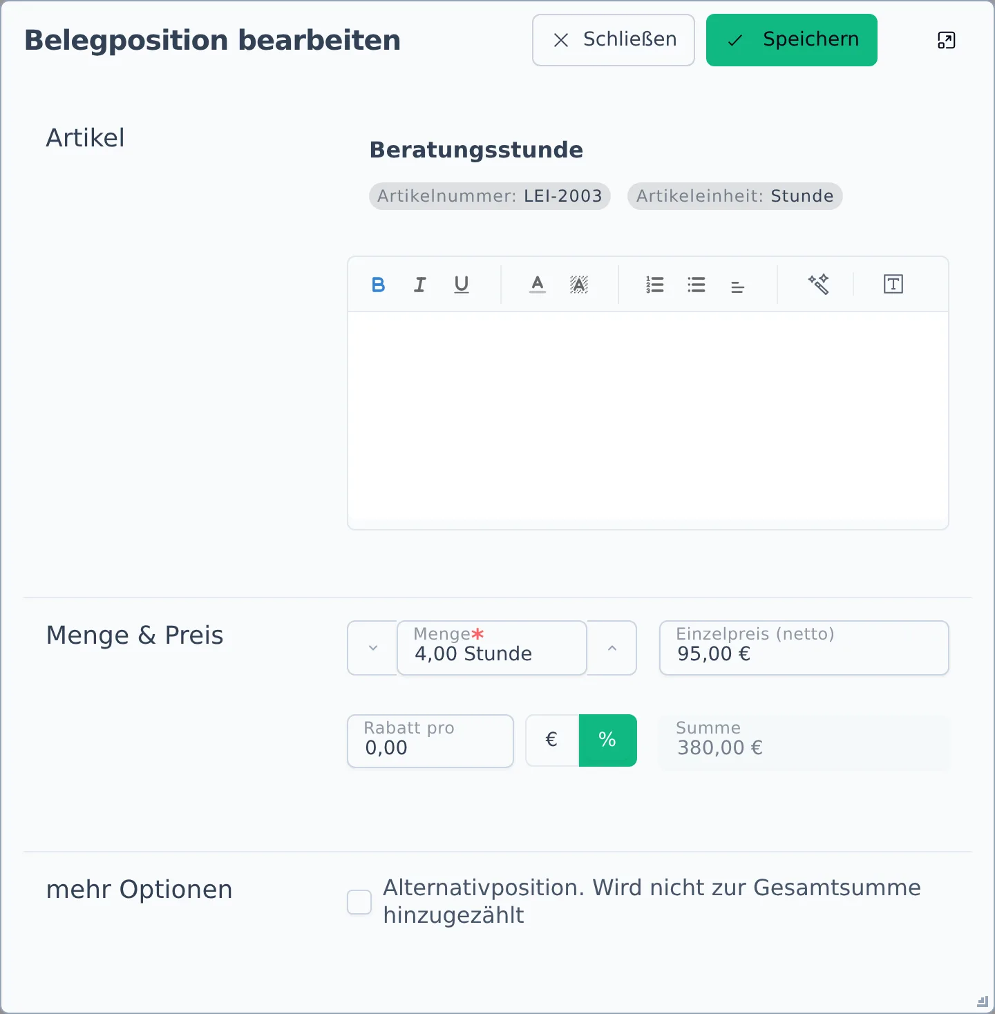 Der Dialog „Belegposition bearbeiten" für eine Katalogposition mit dem Haken Alternativposition unter mehr Optionen