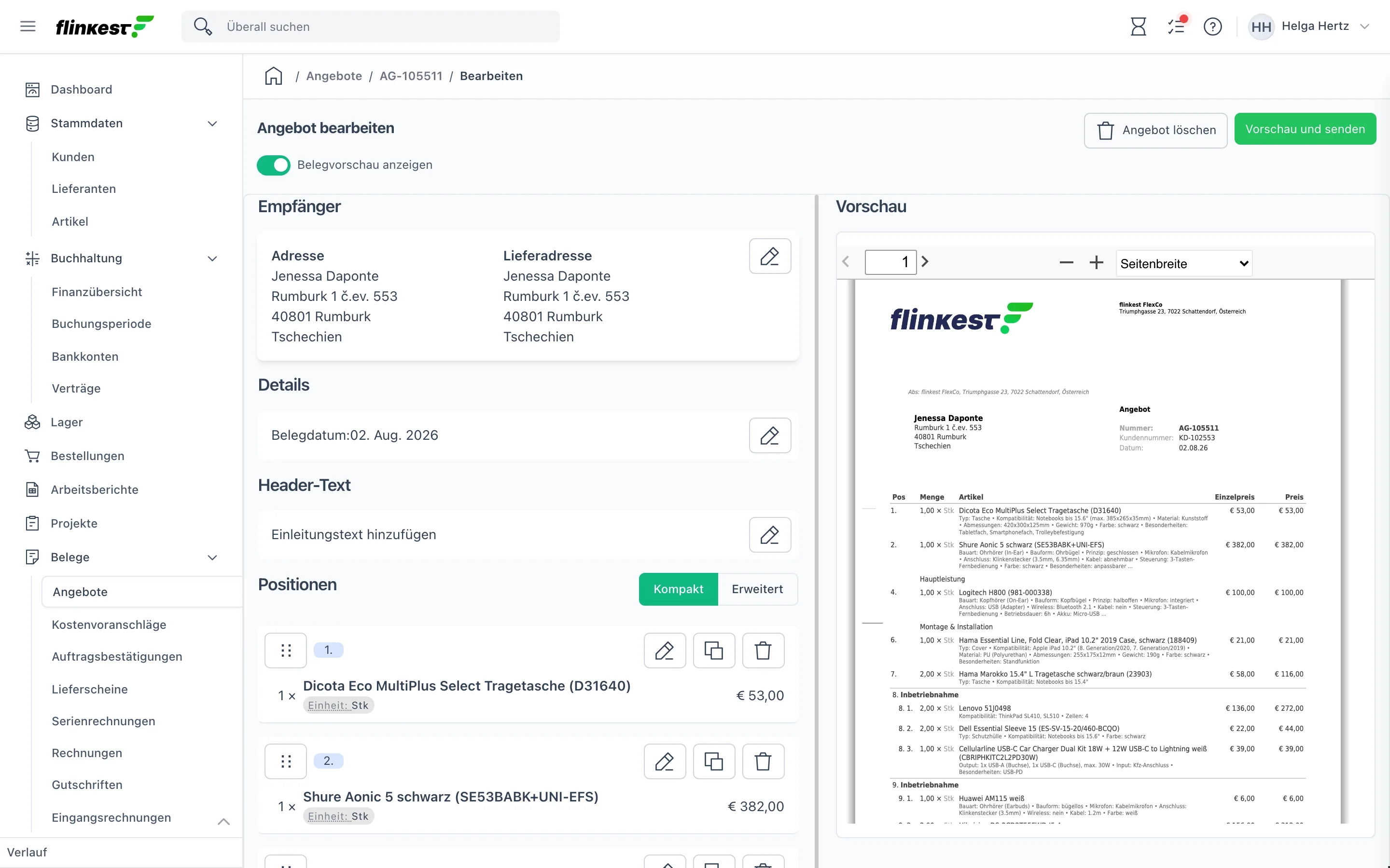 Beleg-Editor für ein Angebot: links Empfänger, Details und Positionen, rechts der Vorschaubereich