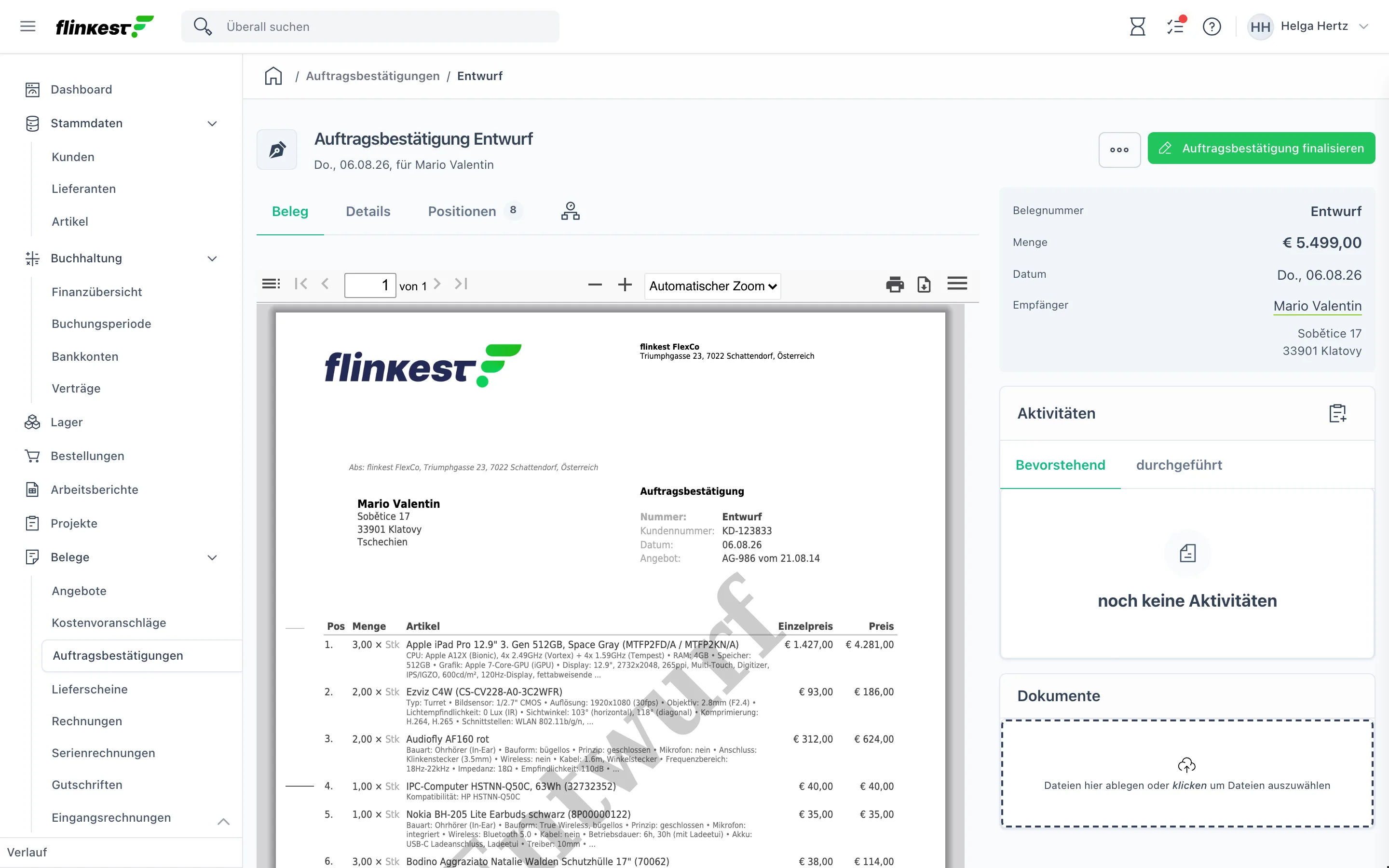 Auftragsbestätigung im Entwurf mit der Schaltfläche „Auftragsbestätigung finalisieren" und dem Entwurfs-Wasserzeichen im PDF