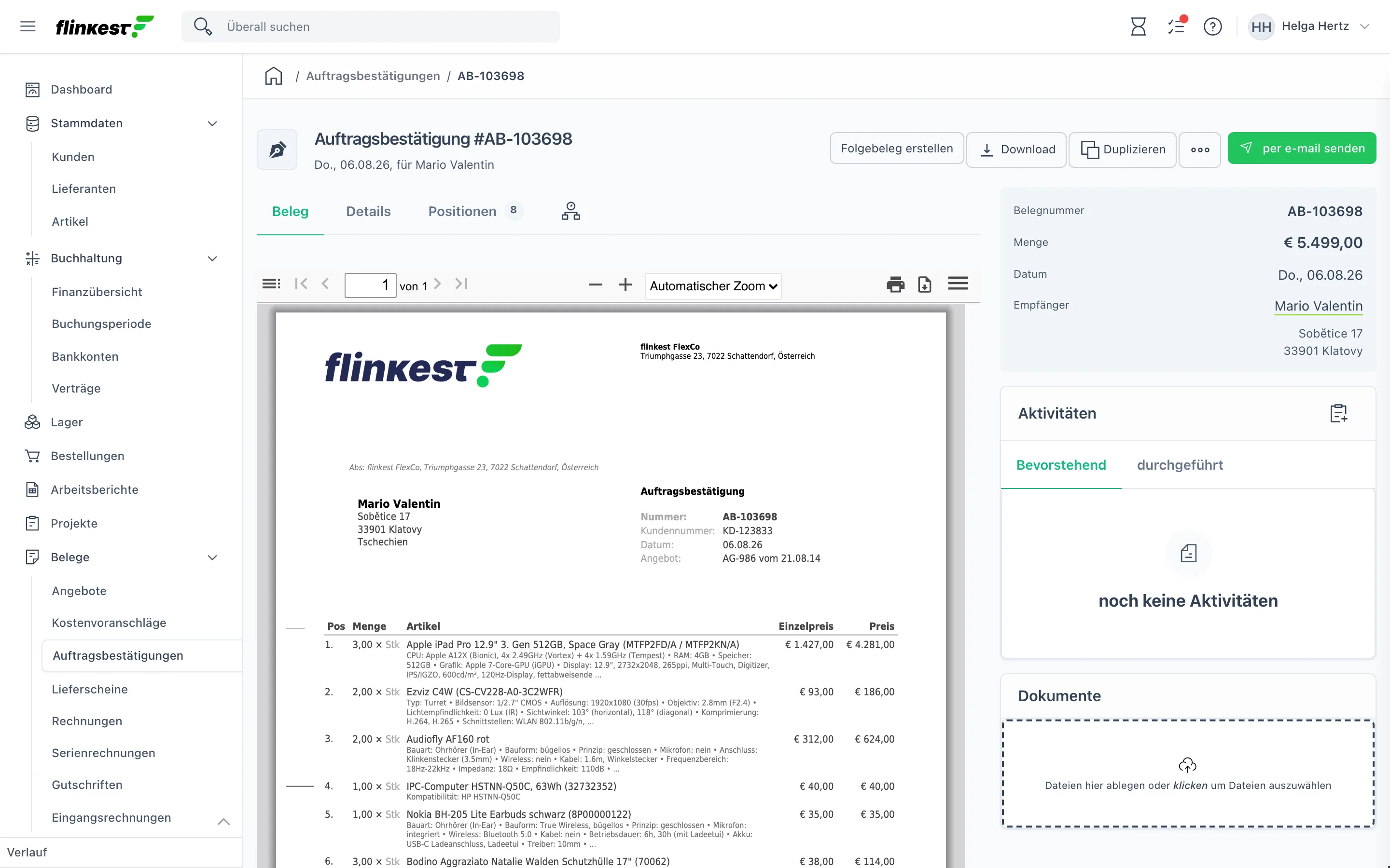 Auftragsbestätigungsdetails mit PDF-Vorschau, Eckdaten und den Schaltflächen der Kopfzeile