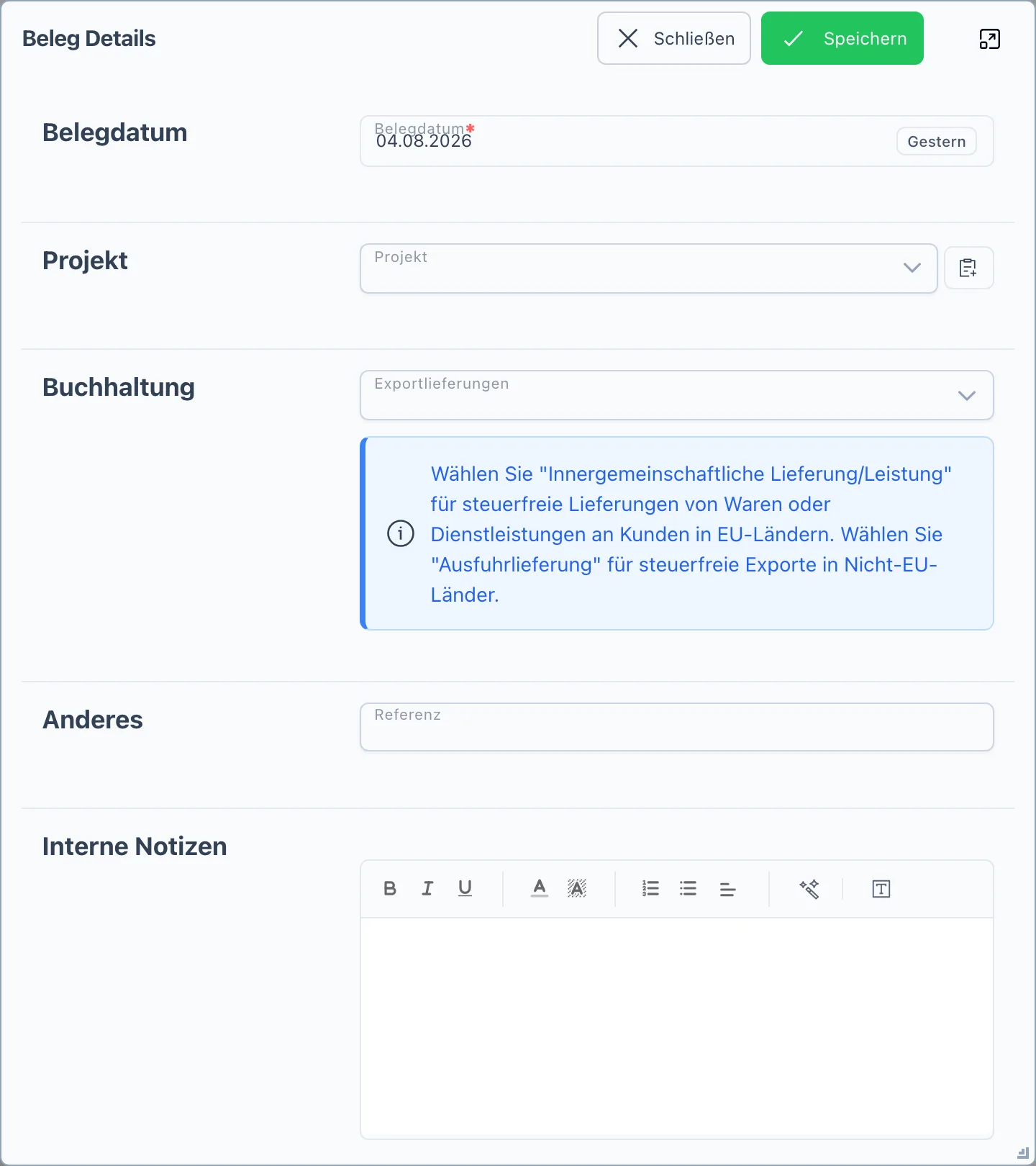 Dialog Beleg Details einer Auftragsbestätigung mit Belegdatum, Projekt, Buchhaltung und Referenz