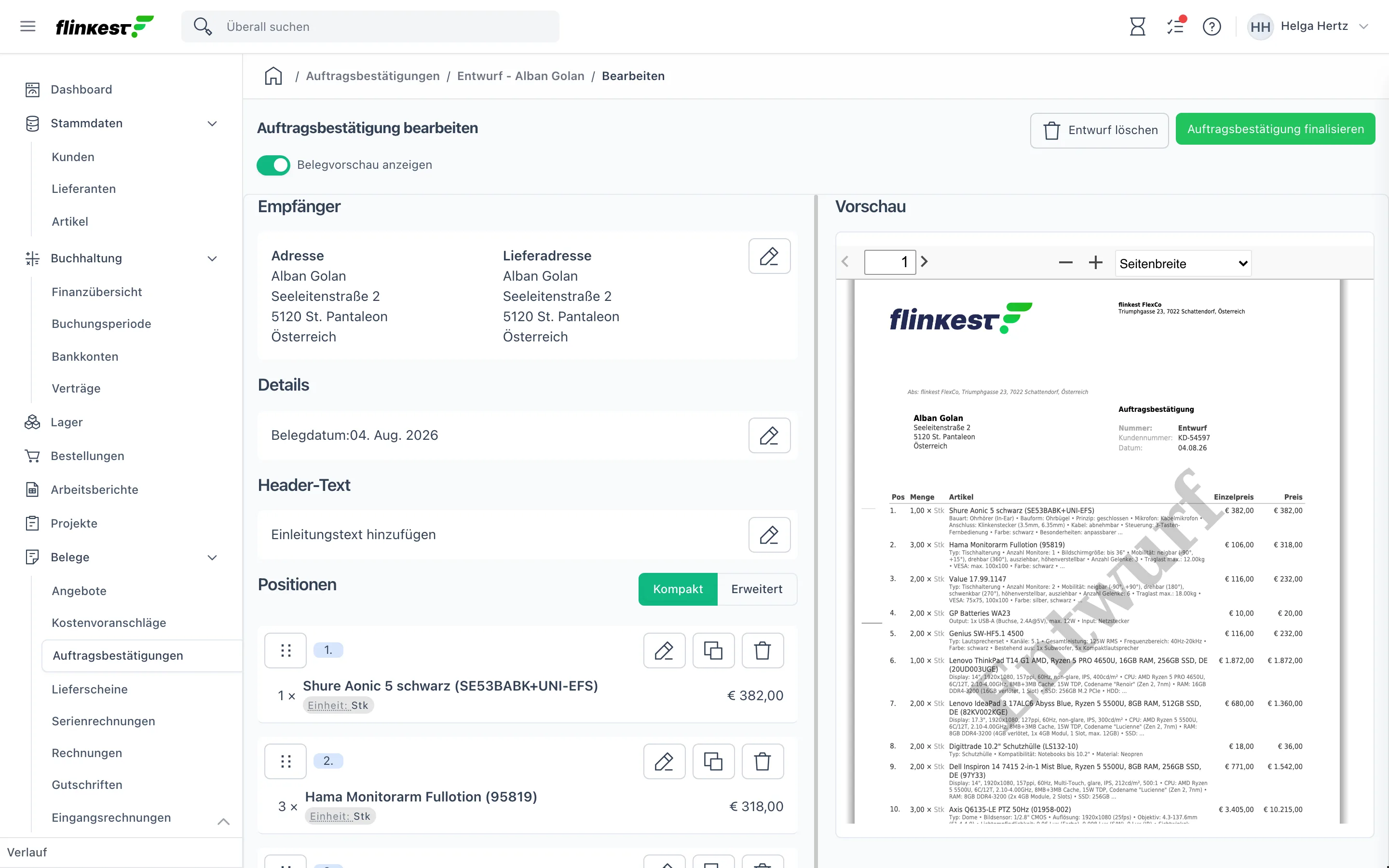 Beleg-Editor für eine Auftragsbestätigung: links Empfänger, Details und Positionen, rechts die PDF-Vorschau
